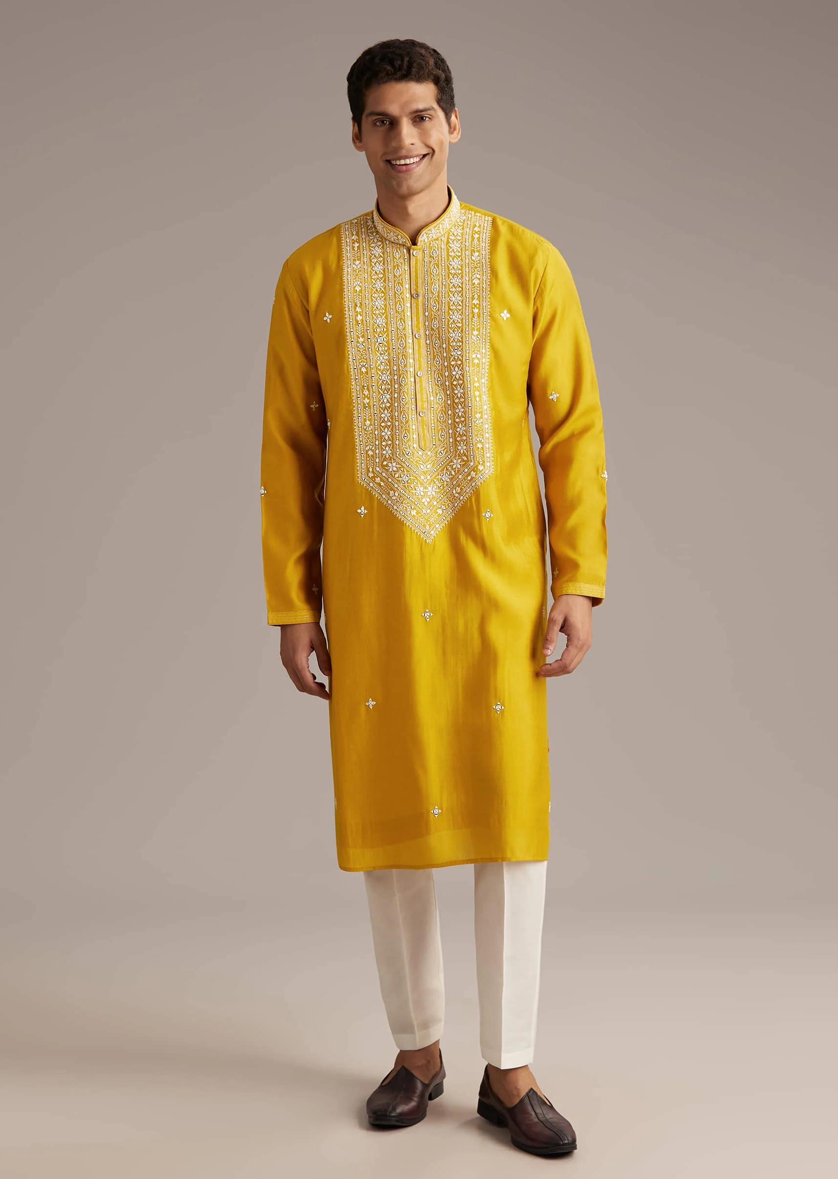 Yellow Silk Kurta Set For Men With Mirror And Thread Work - Image 2