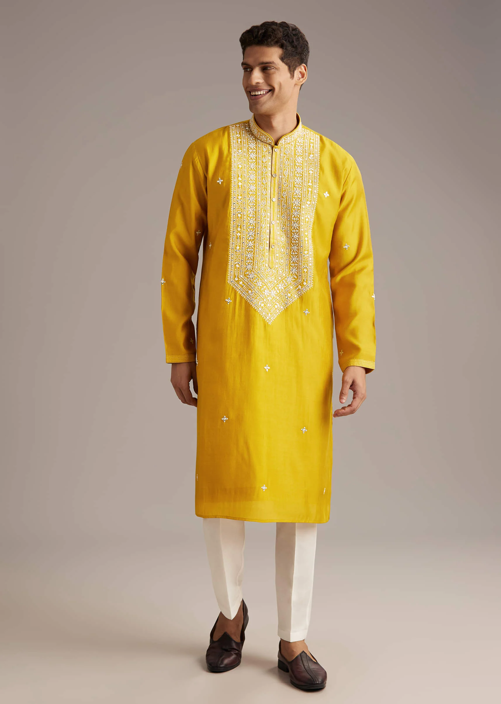 Yellow Silk Kurta Set For Men With Mirror And Thread Work - Image 4