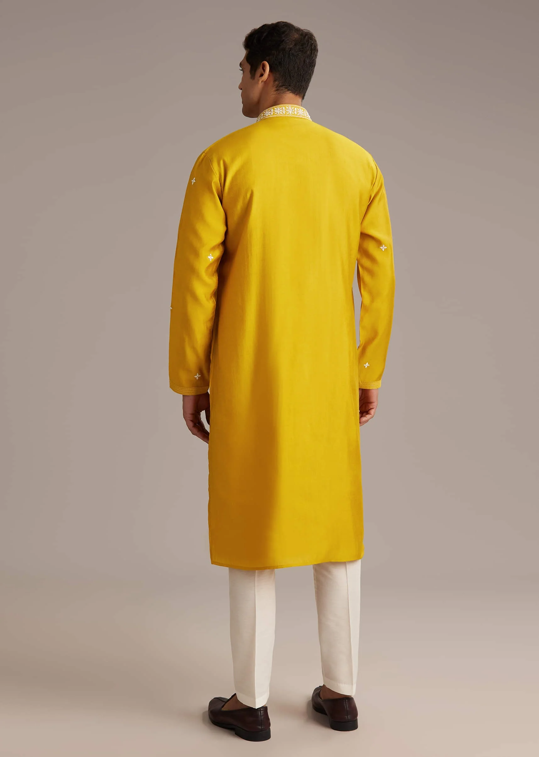 Yellow Silk Kurta Set For Men With Mirror And Thread Work - Image 5