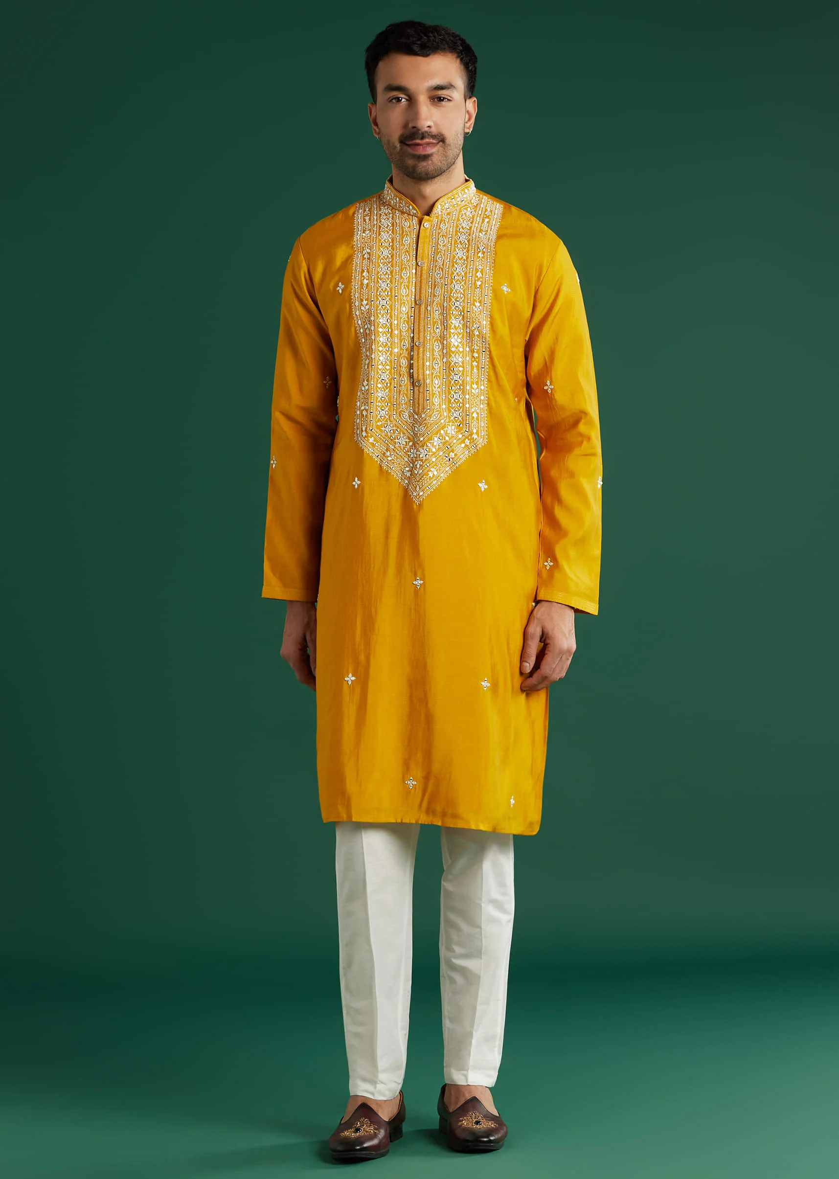 Yellow Silk Kurta Set For Men With Mirror And Thread Work - Image 7