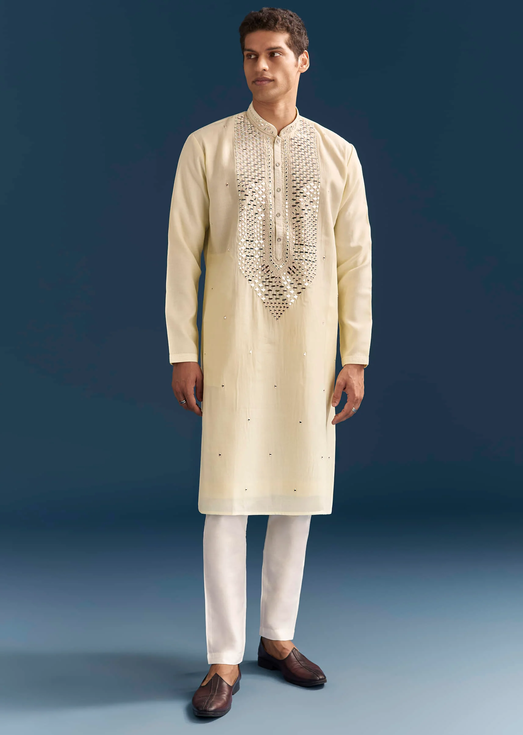 Yellow Silk Kurta Set For Men With Mirror Embroidery - Image 3
