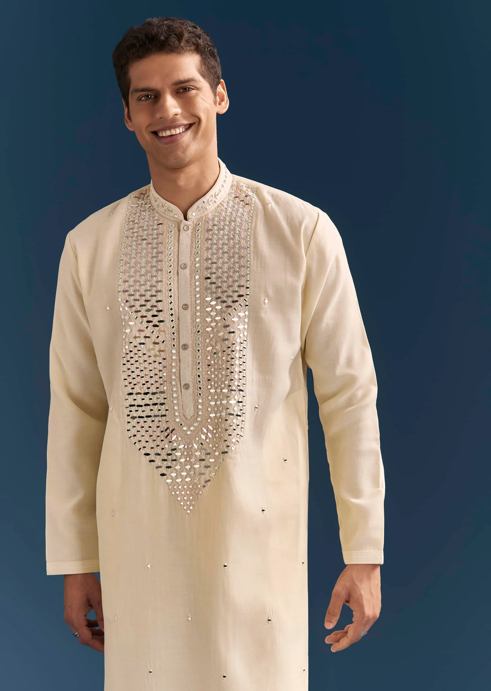 Yellow Silk Kurta Set For Men With Mirror Embroidery - Image 4
