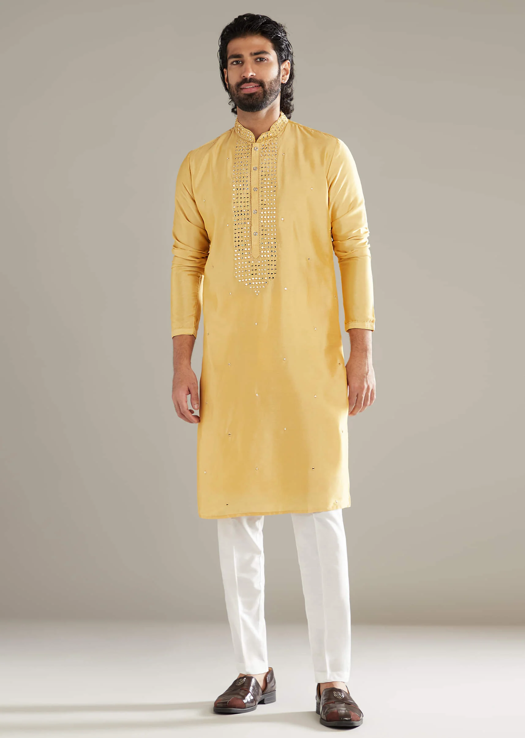 Yellow Silk Kurta Set For Men With Mirror Work