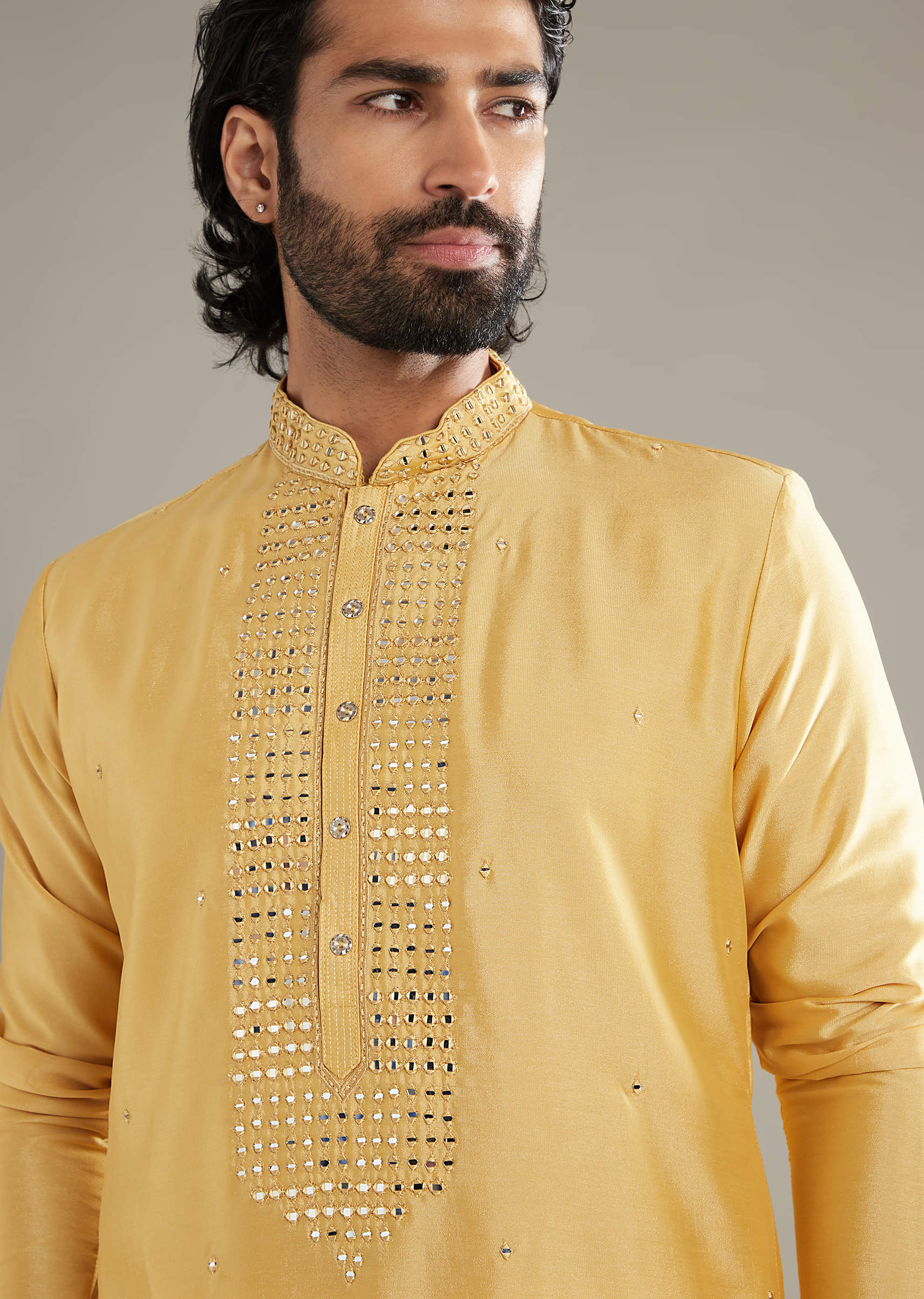 Yellow Silk Kurta Set For Men With Mirror Work - Image 2