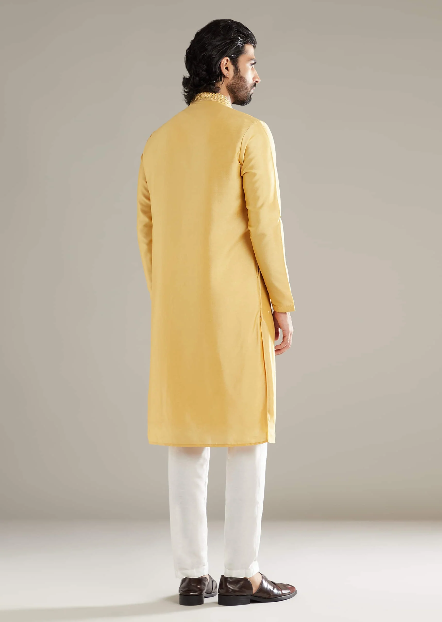 Yellow Silk Kurta Set For Men With Mirror Work - Image 3