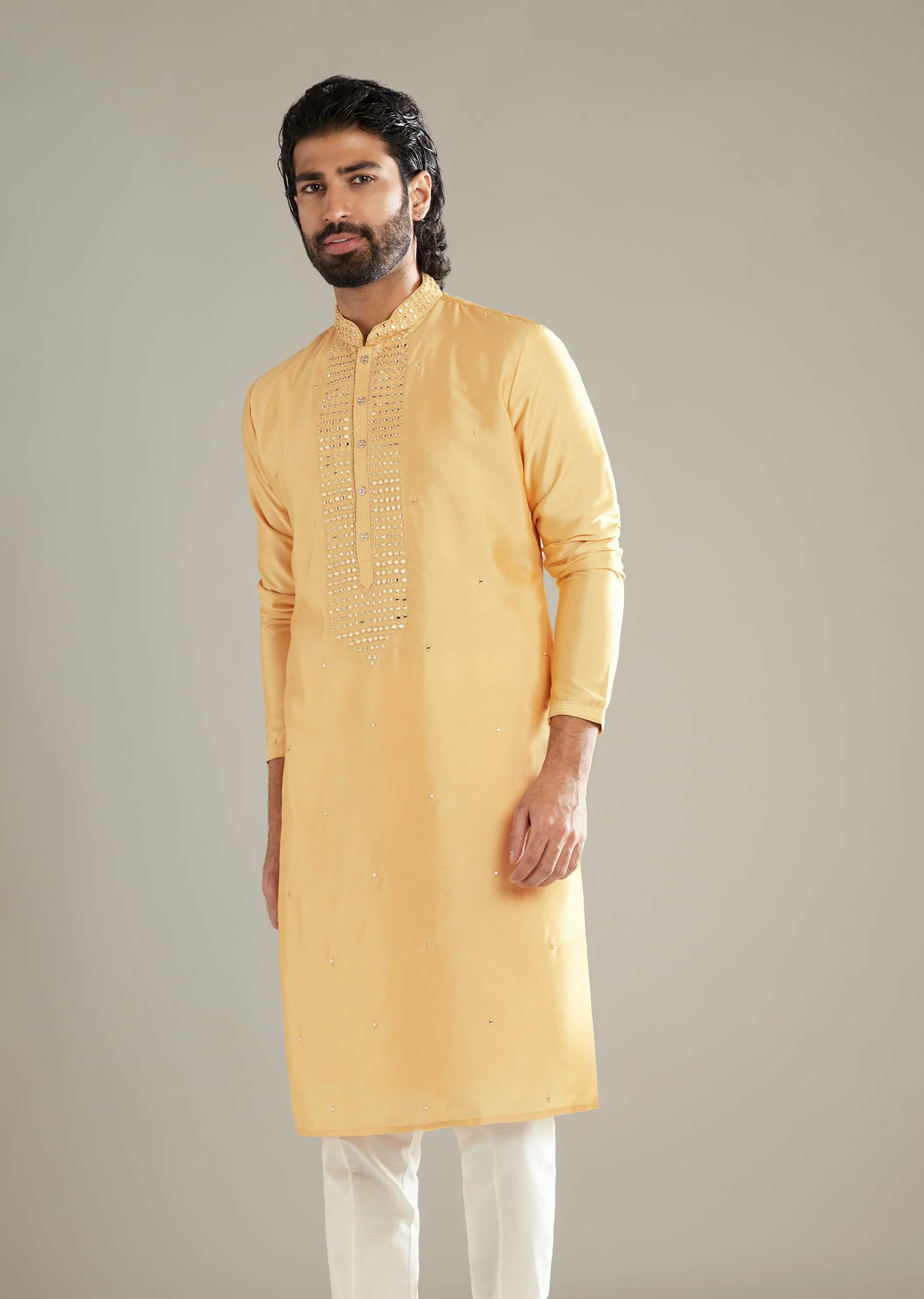 Yellow Silk Kurta Set For Men With Mirror Work - Image 4