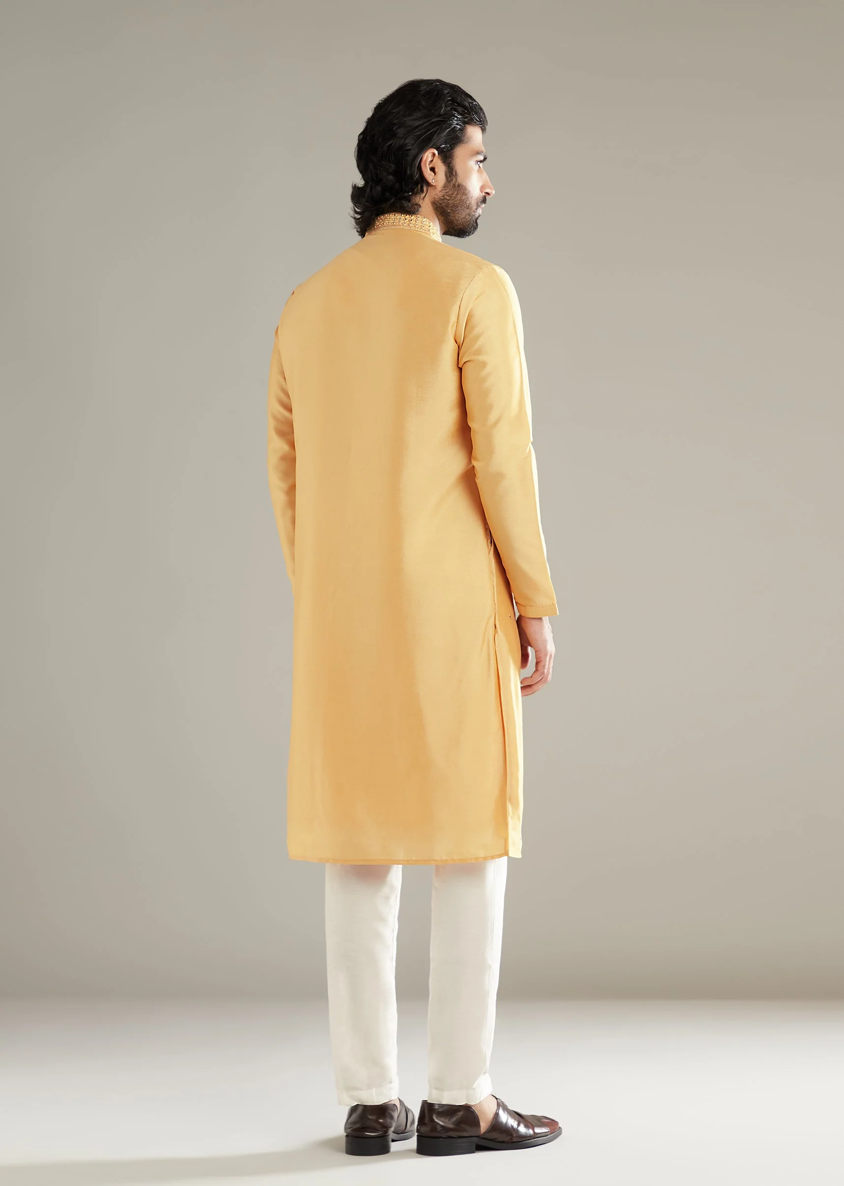 Yellow Silk Kurta Set For Men With Mirror Work - Image 5