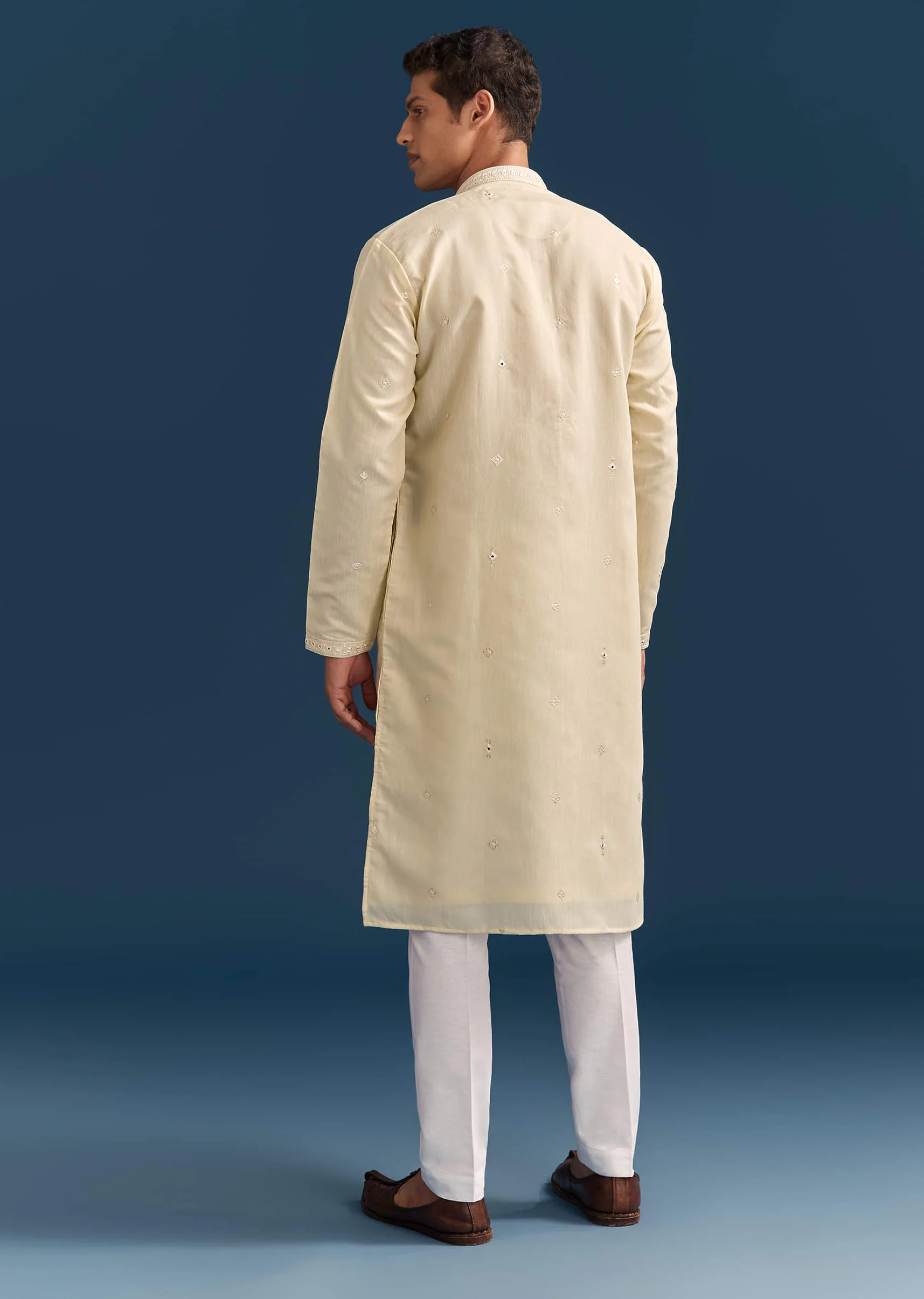 Yellow Silk Kurta Set For Men With Thread And Mirror Embroidery - Image 5