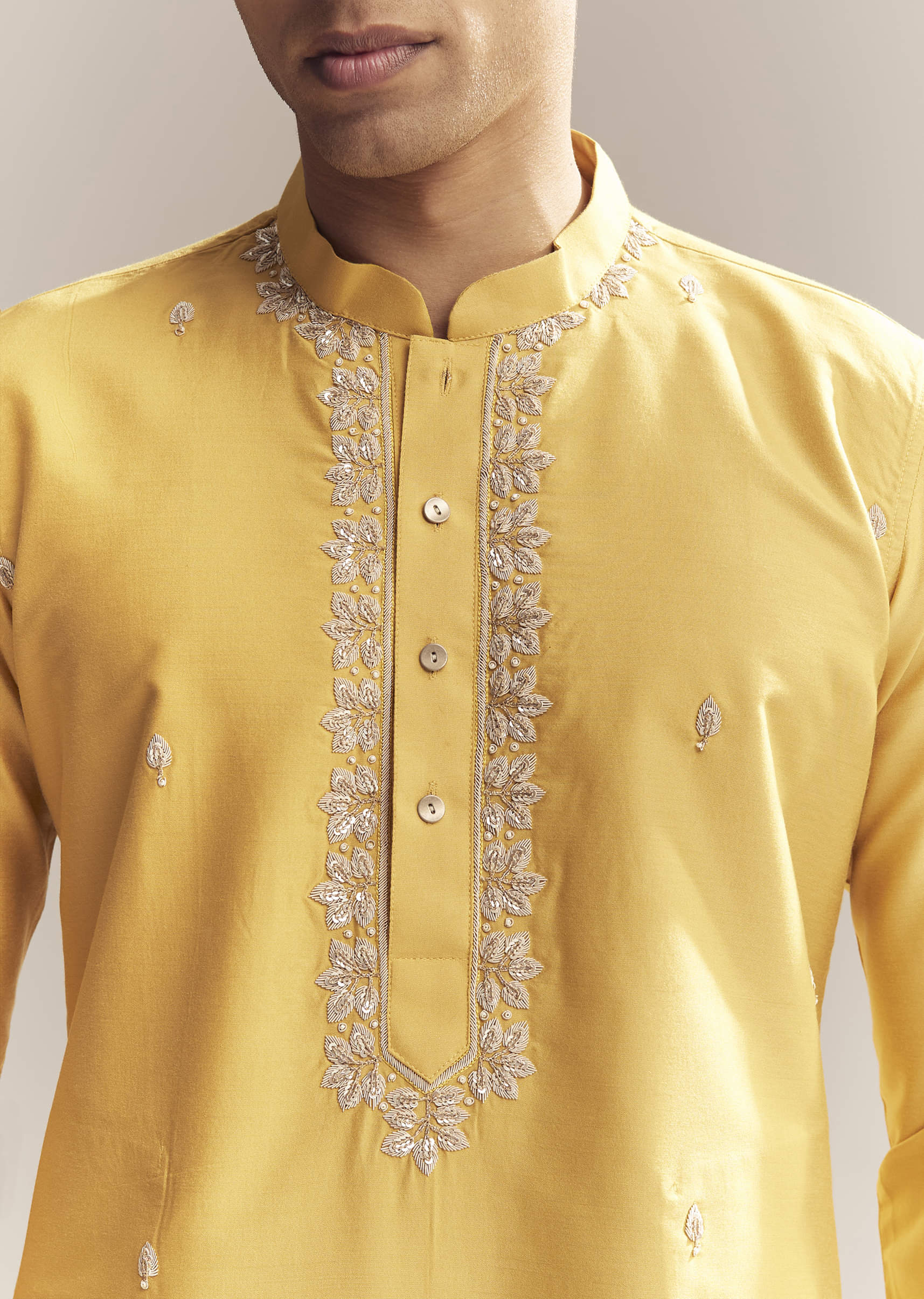 Yellow Silk Kurta Set For Men With Zardosi And Aari Work - Image 2
