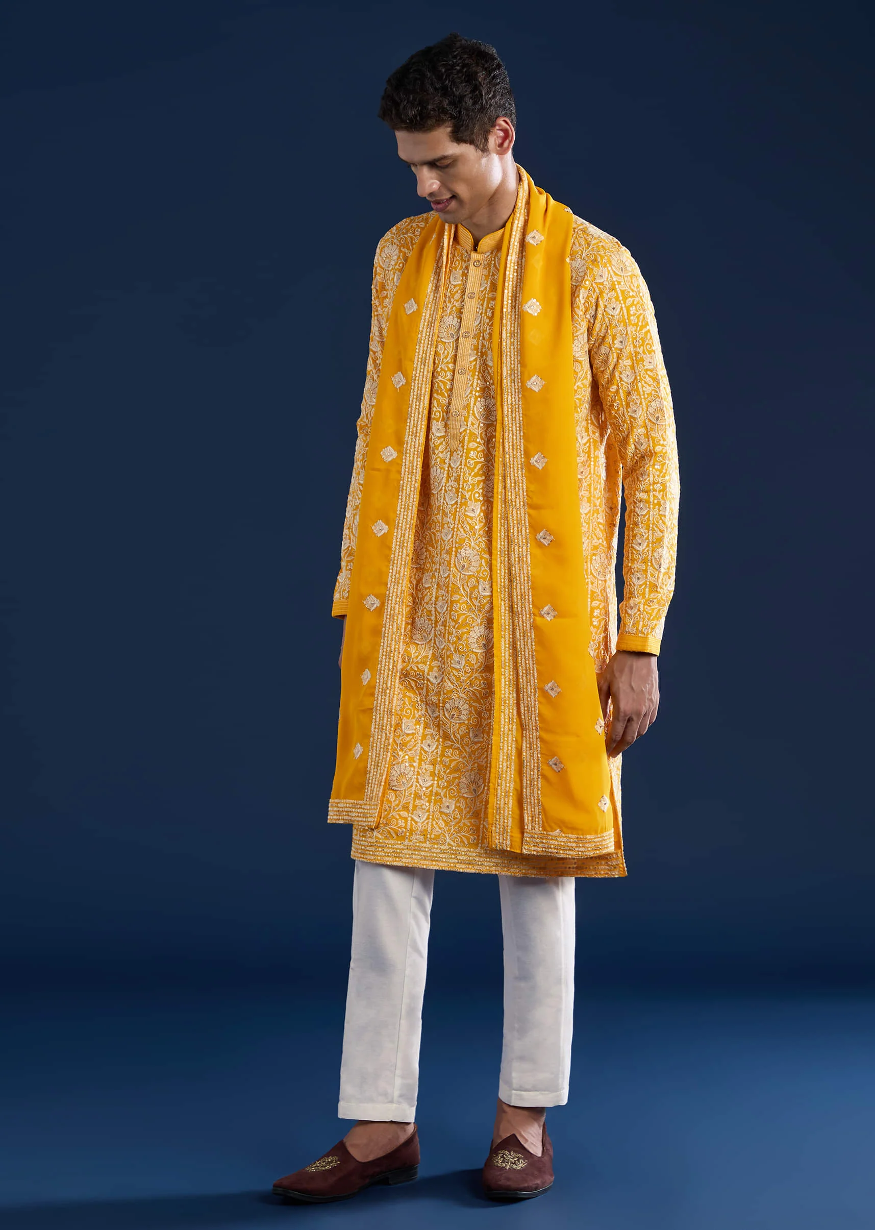 Yellow Silk Kurta Set with Dupatta - Image 3