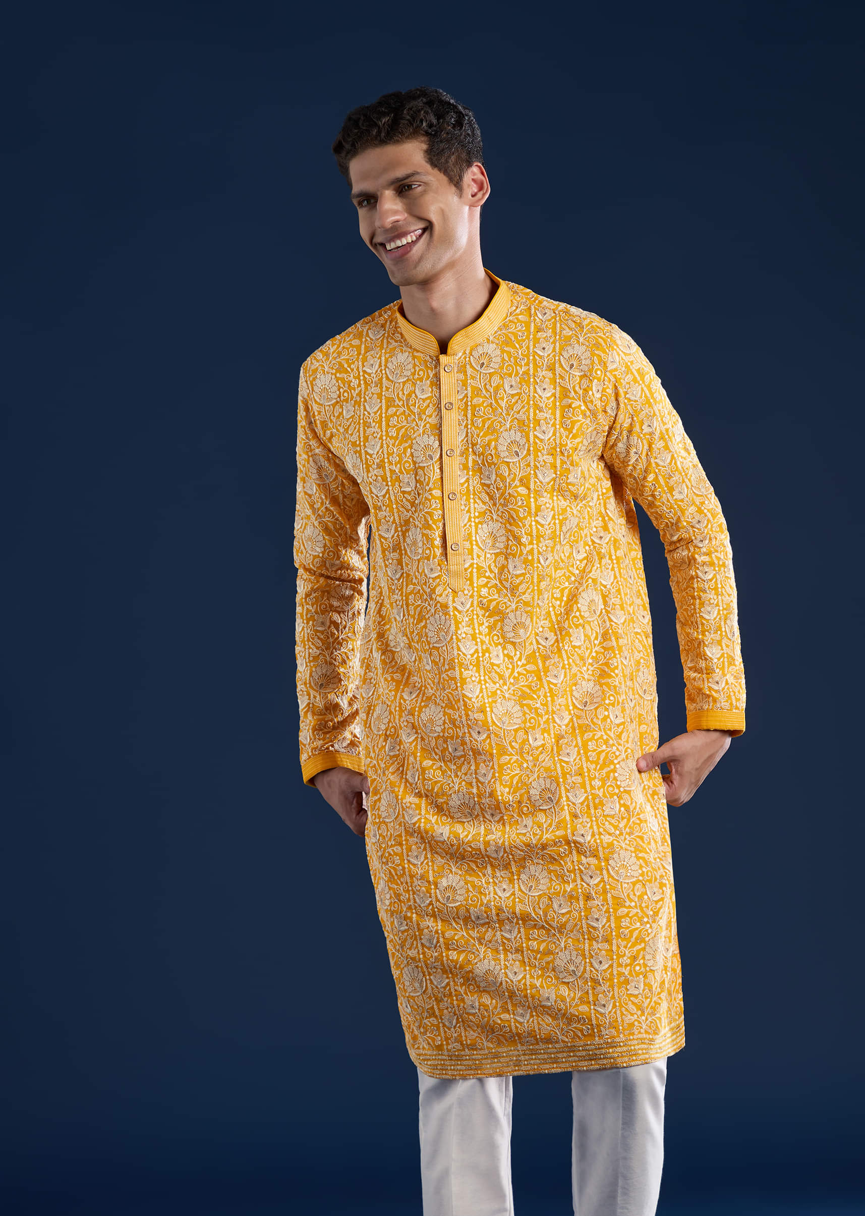 Yellow Silk Kurta Set with Dupatta - Image 4