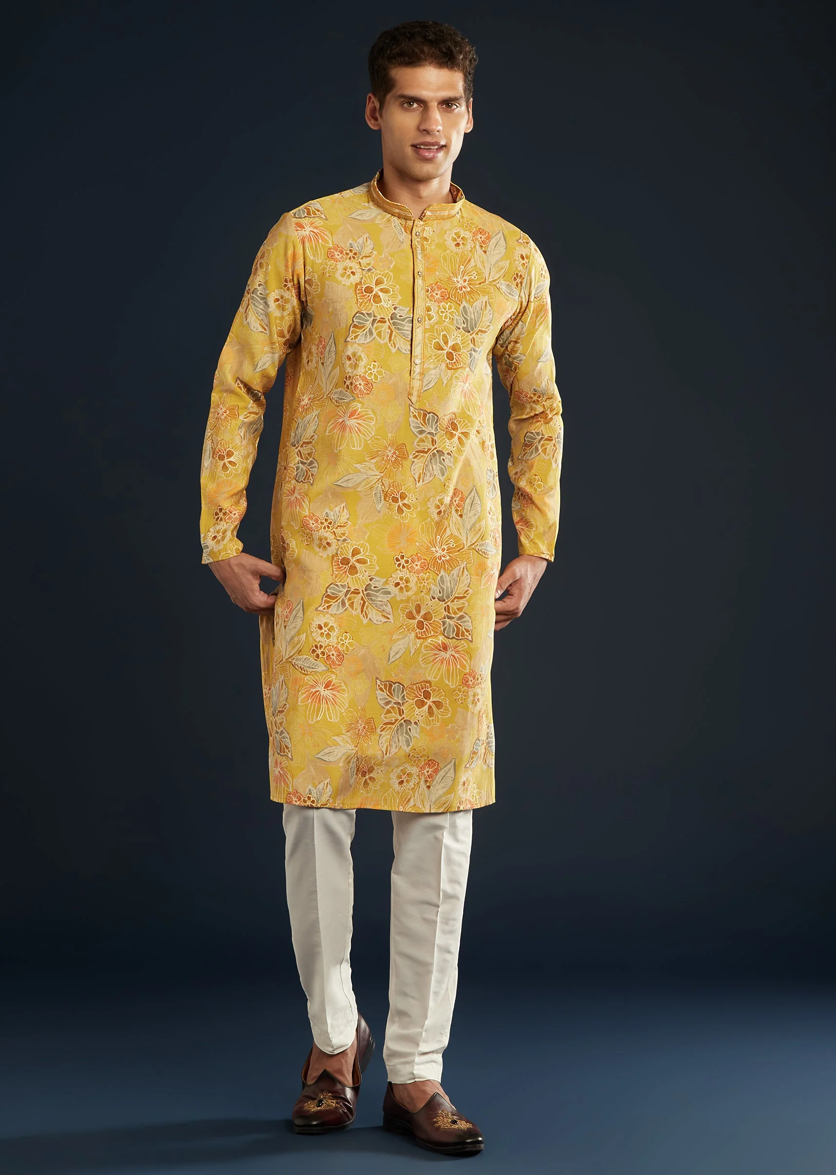 Yellow Silk Kurta Set with Floral print all over