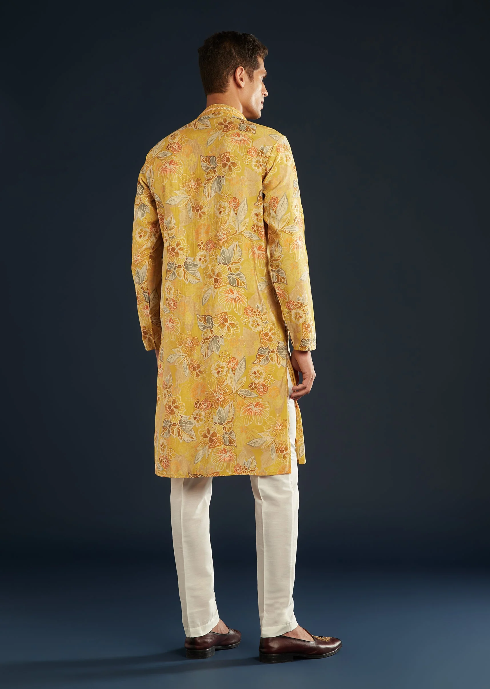 Yellow Silk Kurta Set with Floral print all over - Image 5