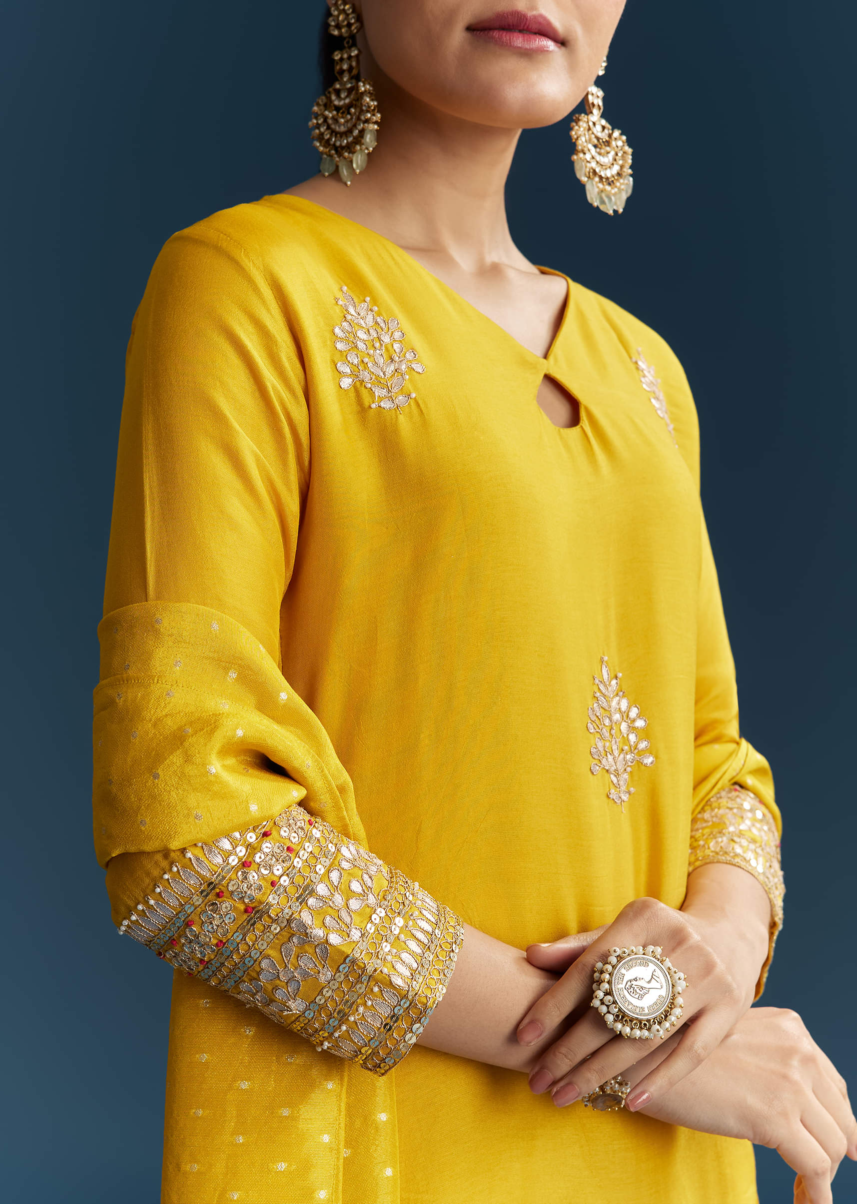 Yellow Silk Kurta Set With Gotta Work - Image 2