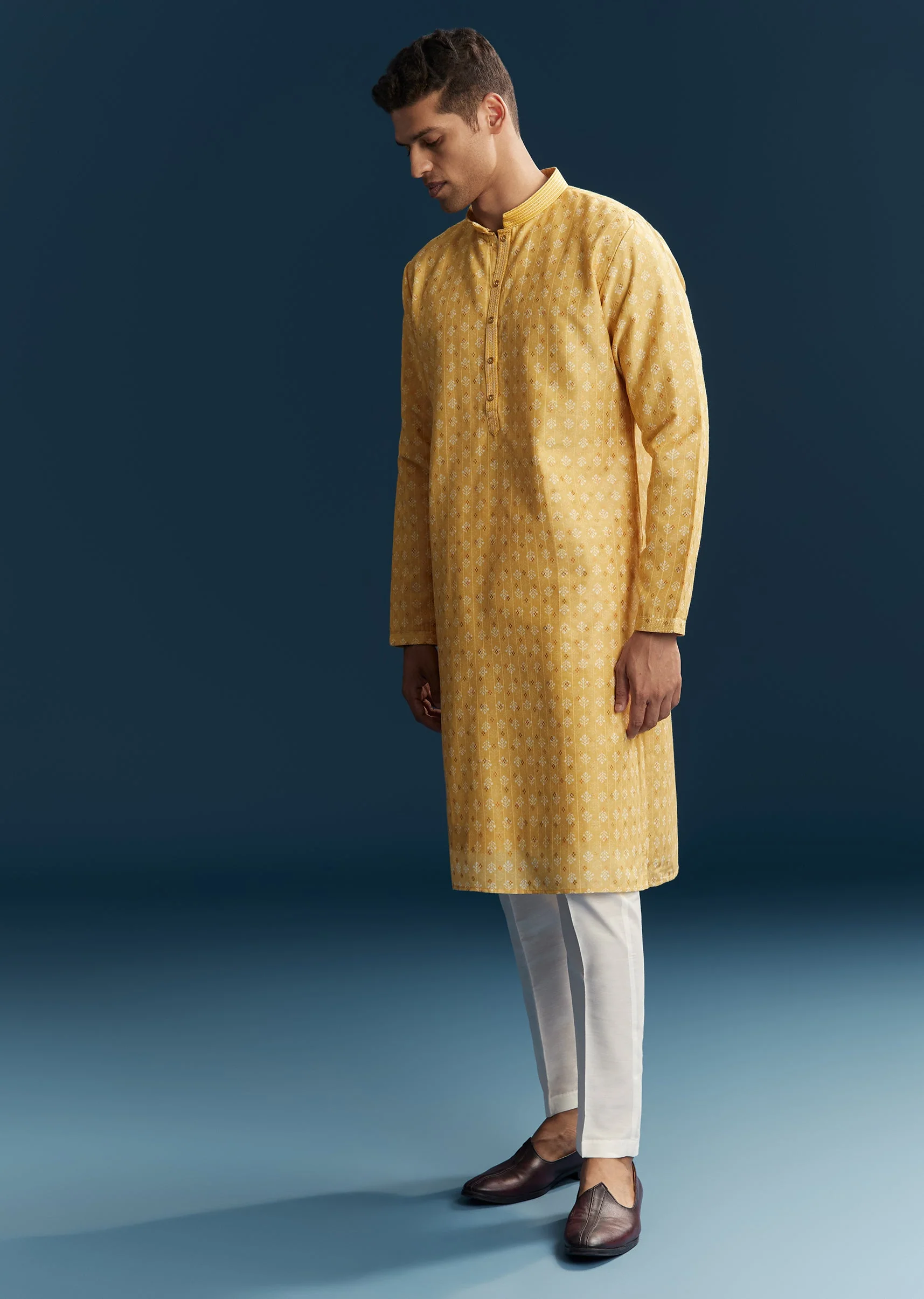Yellow Silk Kurta Set With Minimal Thread Detail - Image 3