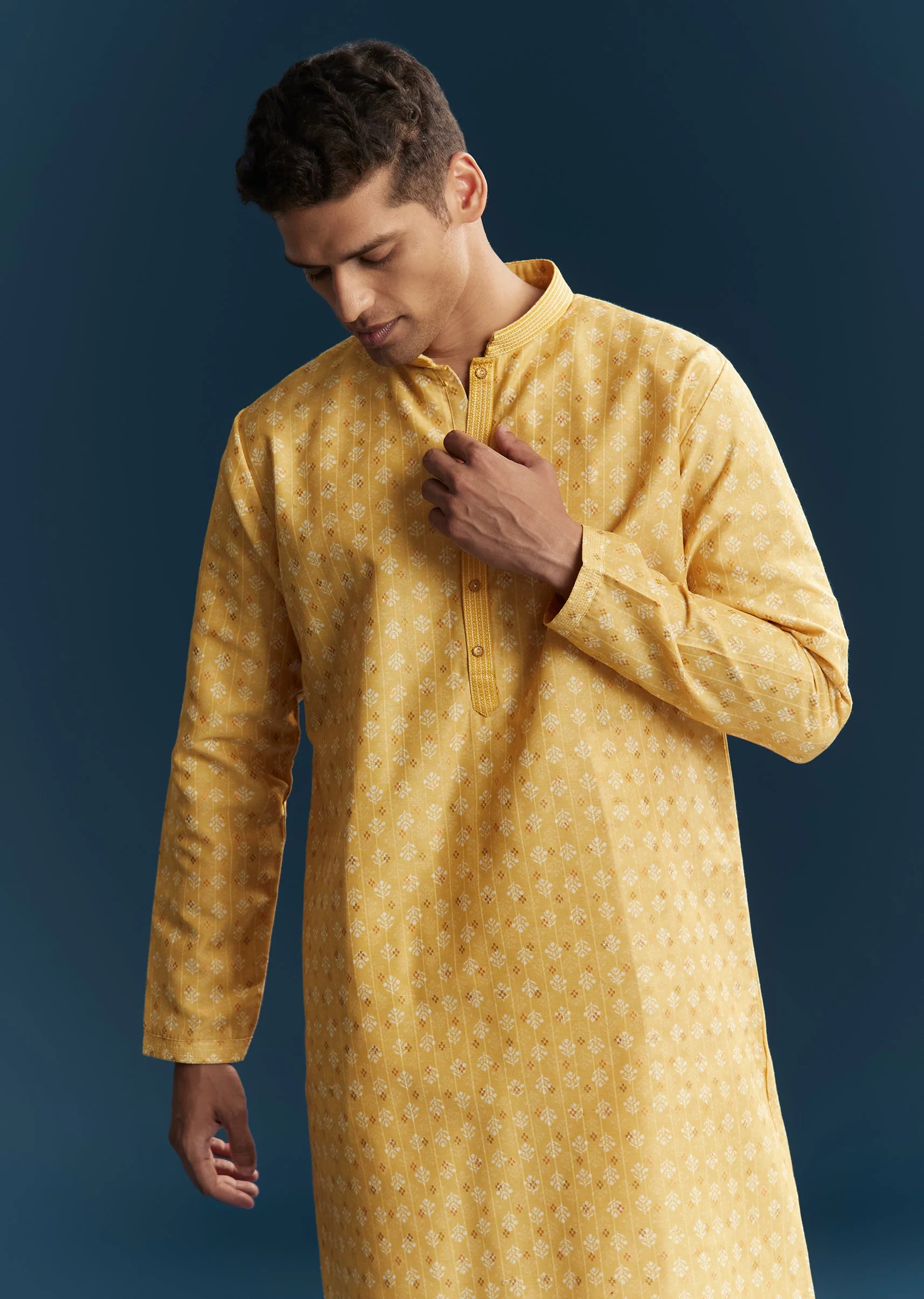 Yellow Silk Kurta Set With Minimal Thread Detail - Image 4