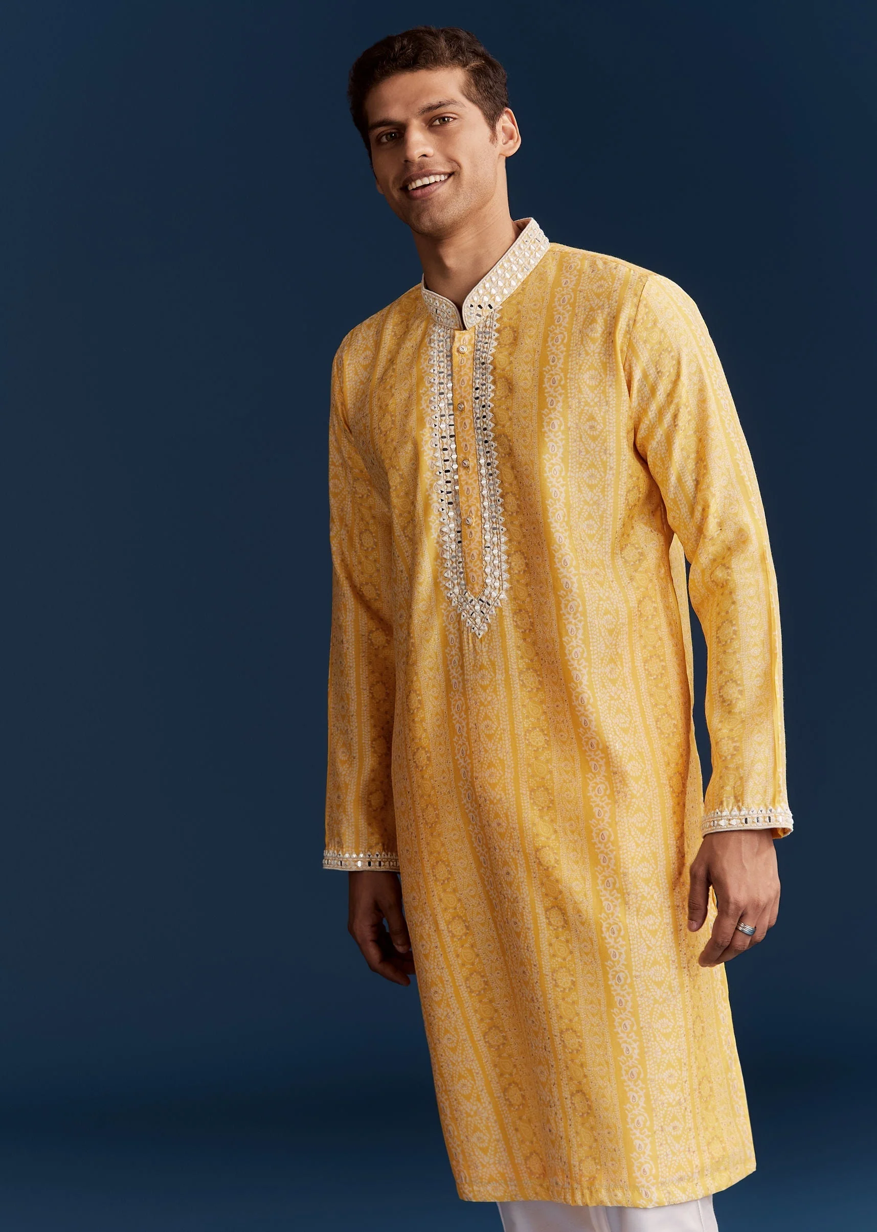 Yellow Silk Kurta Set With Mirror Work - Image 3