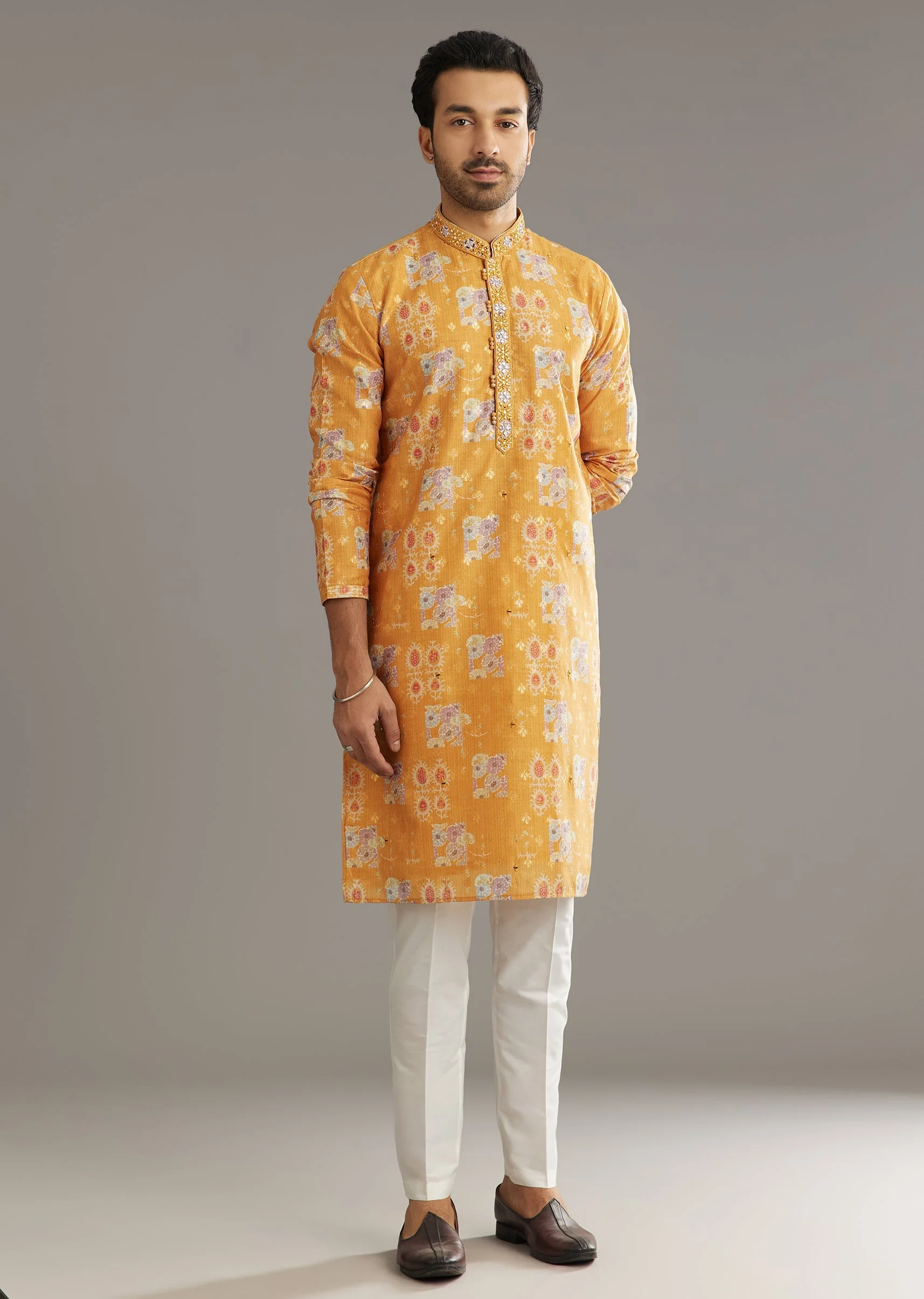 Yellow Silk Kurta Set With Print Work - Image 3