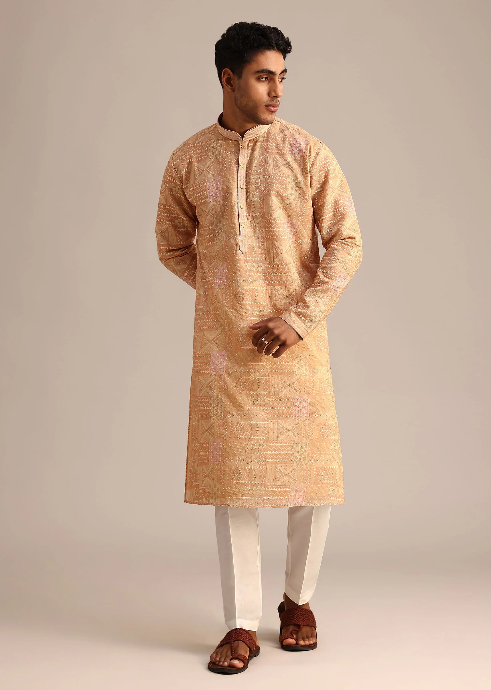 Yellow Silk Kurta Set With Printed Work - Image 3