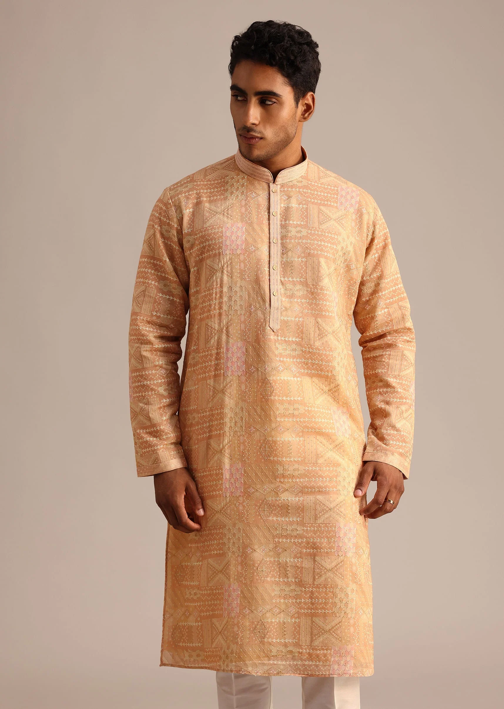 Yellow Silk Kurta Set With Printed Work - Image 4