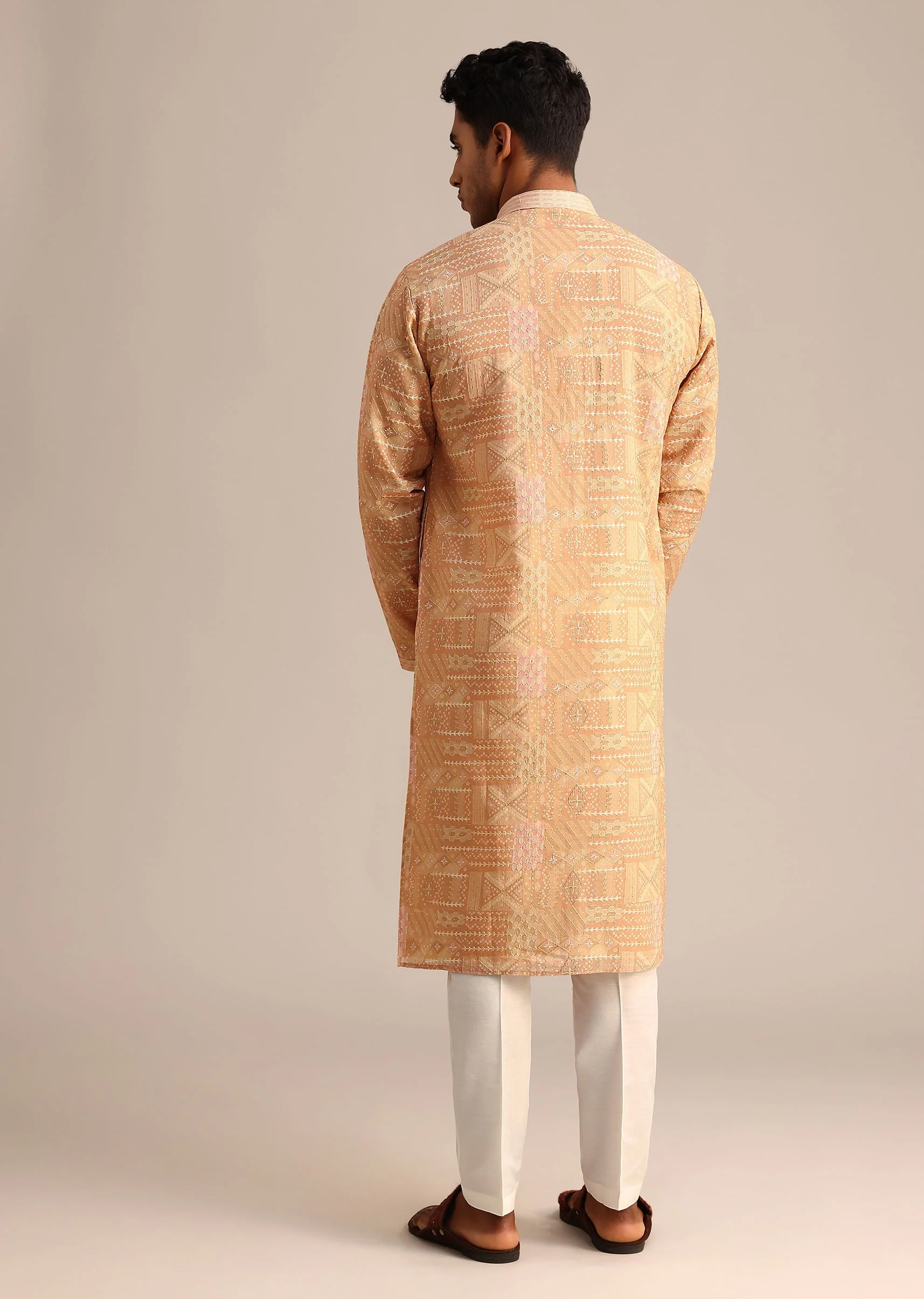 Yellow Silk Kurta Set With Printed Work - Image 5