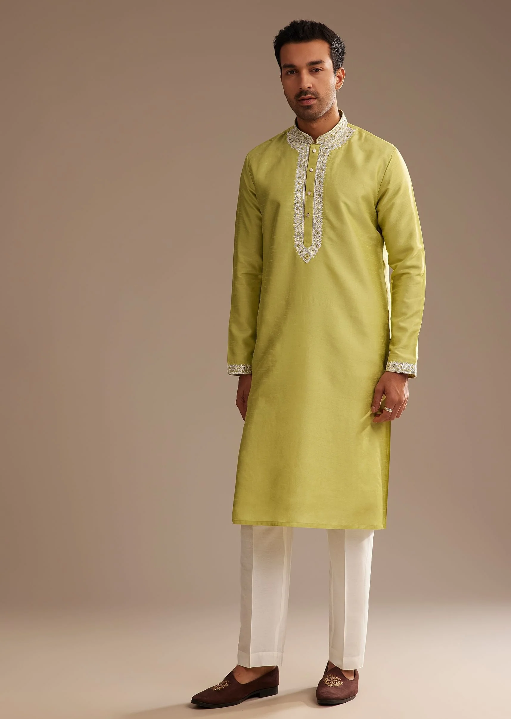 Yellow Silk Kurta Set With Yoke Embroidery - Image 2