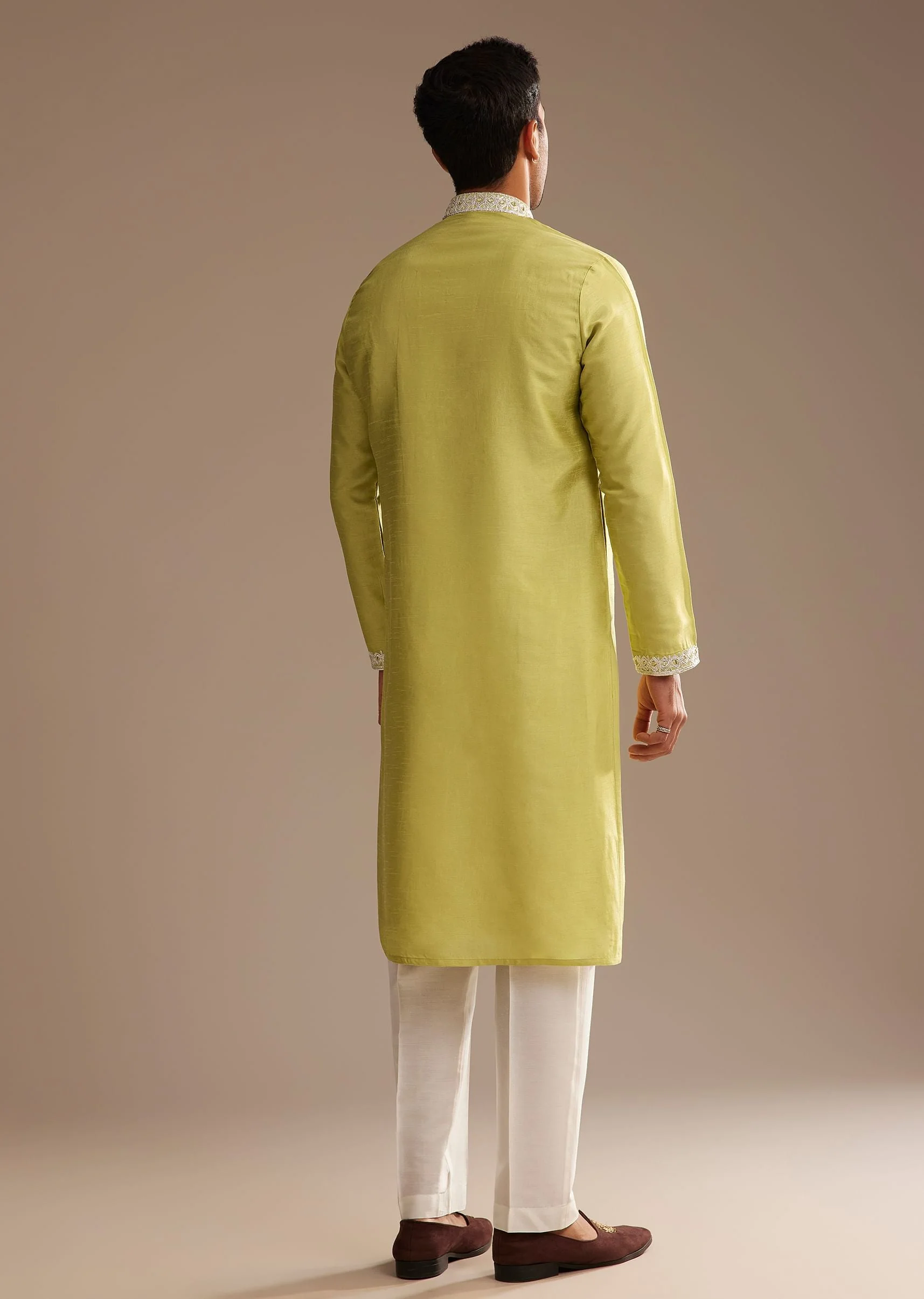 Yellow Silk Kurta Set With Yoke Embroidery - Image 5