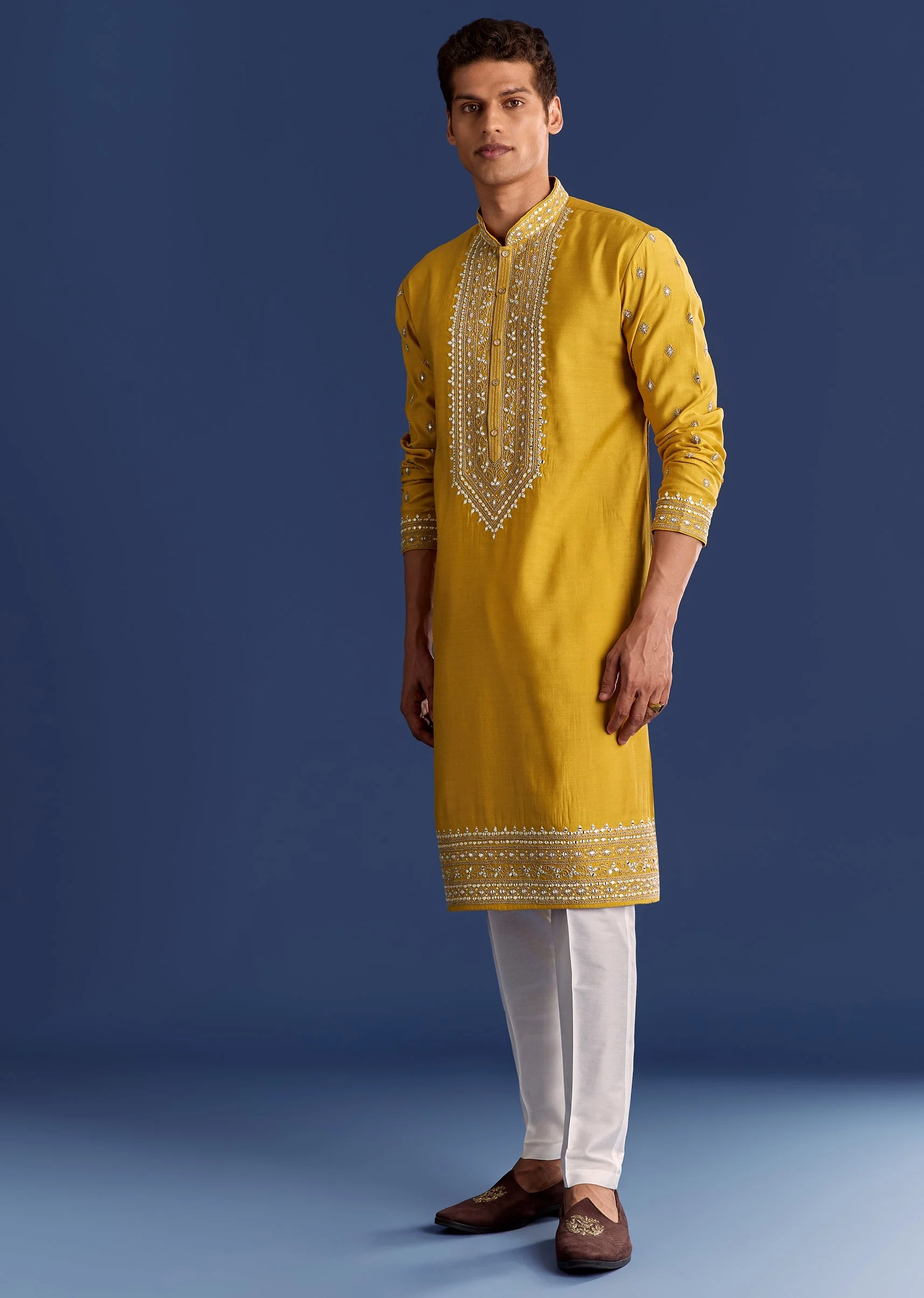Yellow Silk Kurta Set With Yoke Thread And Mirror Work - Image 2