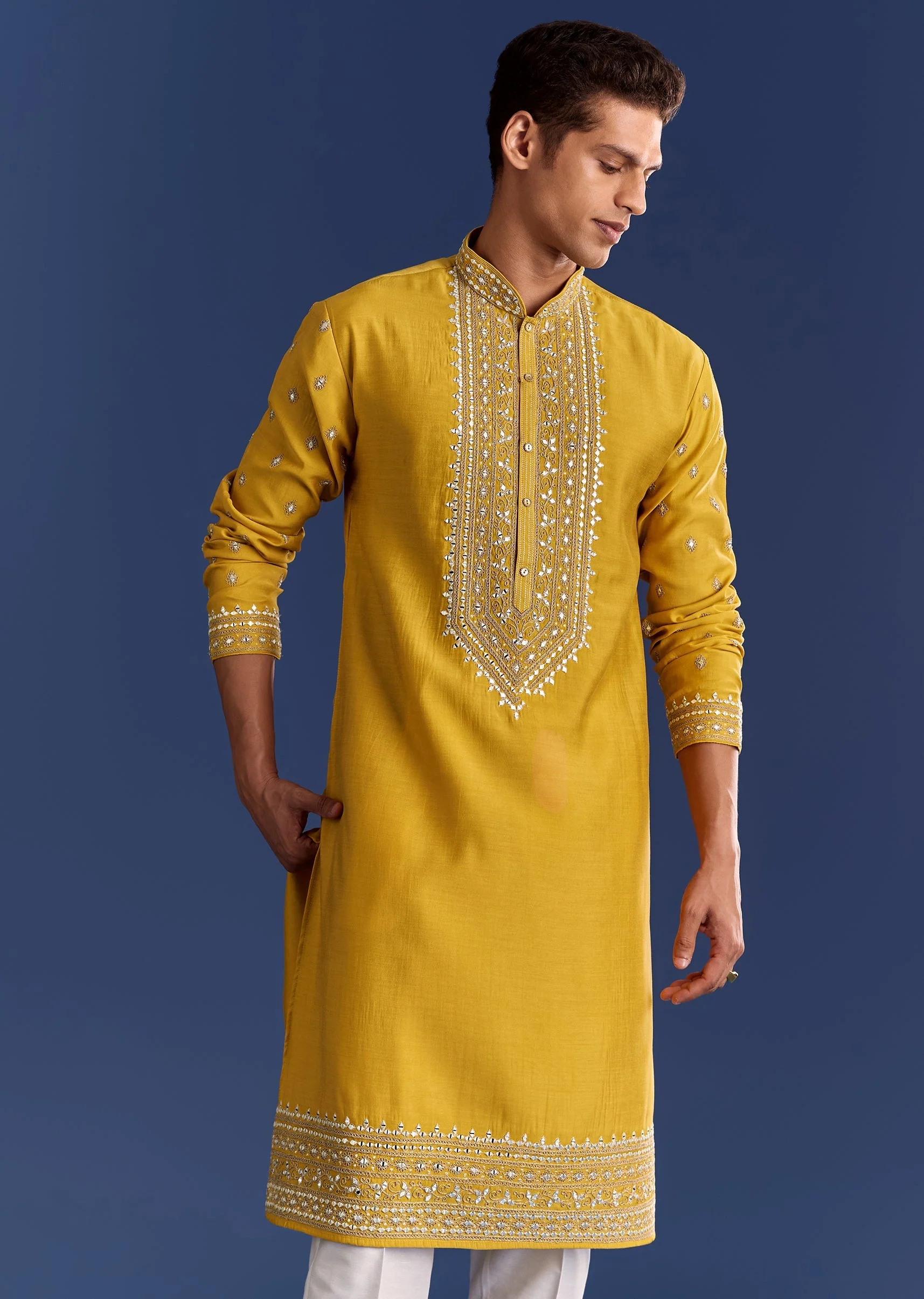Yellow Silk Kurta Set With Yoke Thread And Mirror Work - Image 3