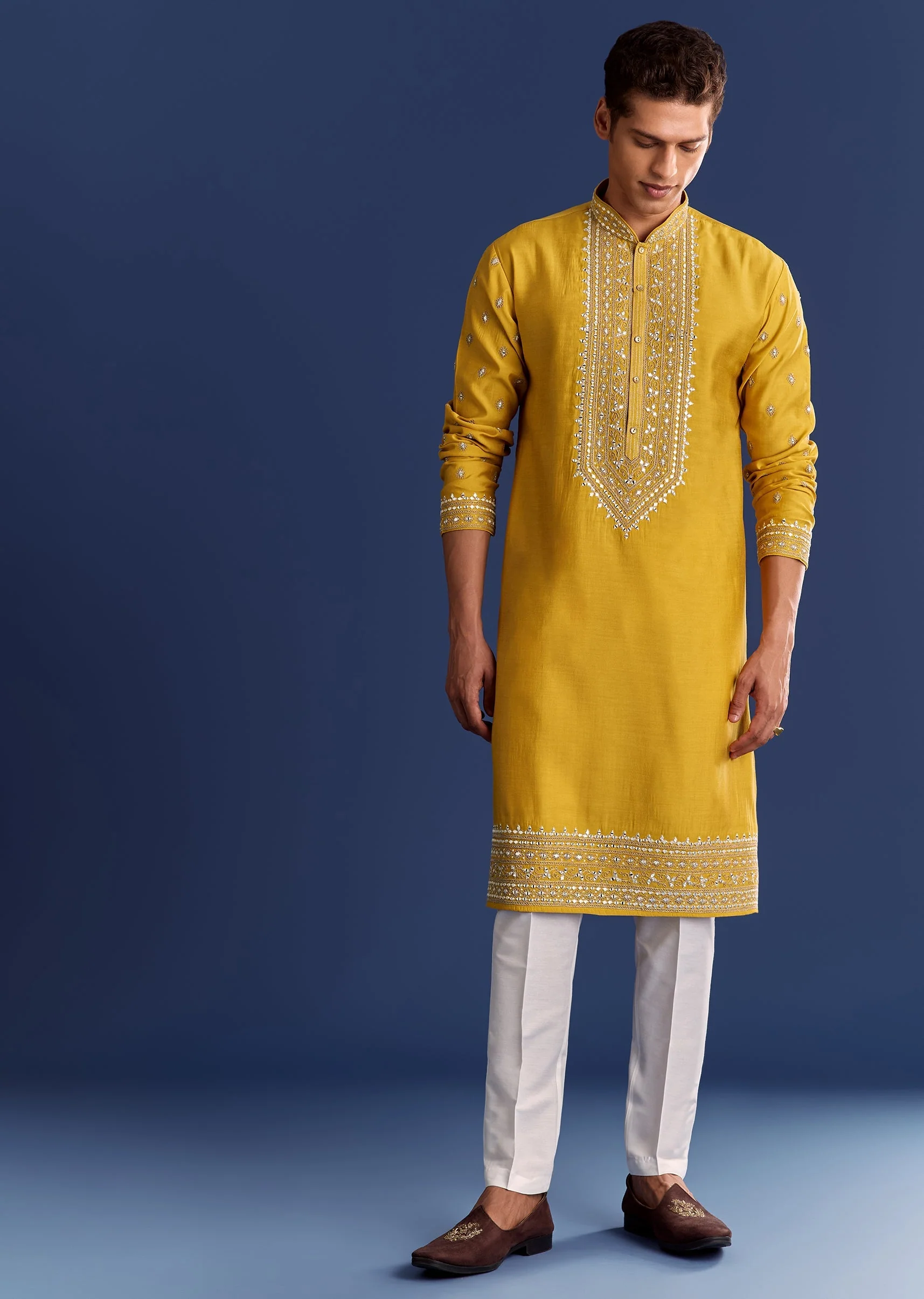 Yellow Silk Kurta Set With Yoke Thread And Mirror Work - Image 4