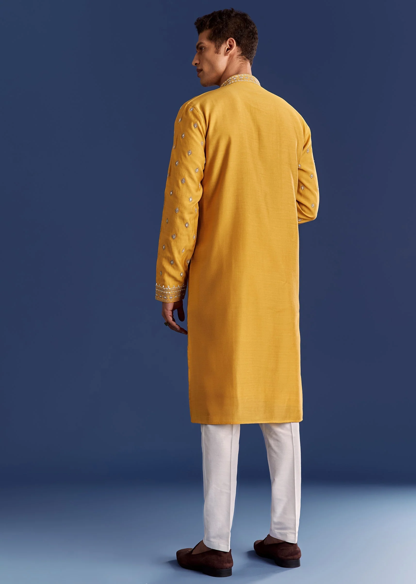 Yellow Silk Kurta Set With Yoke Thread And Mirror Work - Image 5