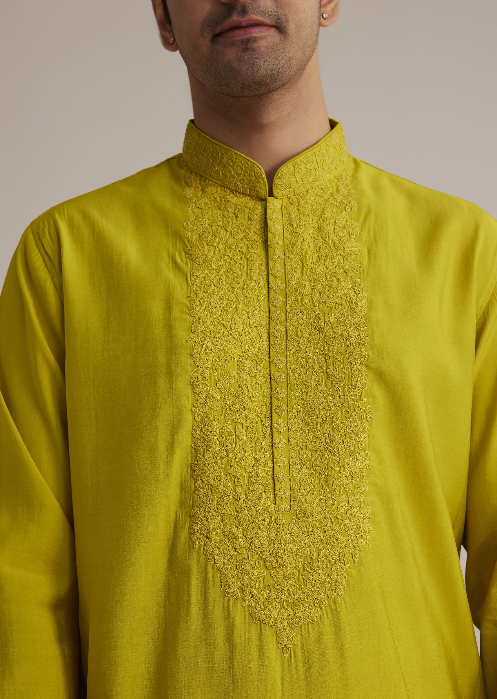 Yellow Silk Kurta With Thread Embroidery - Image 2