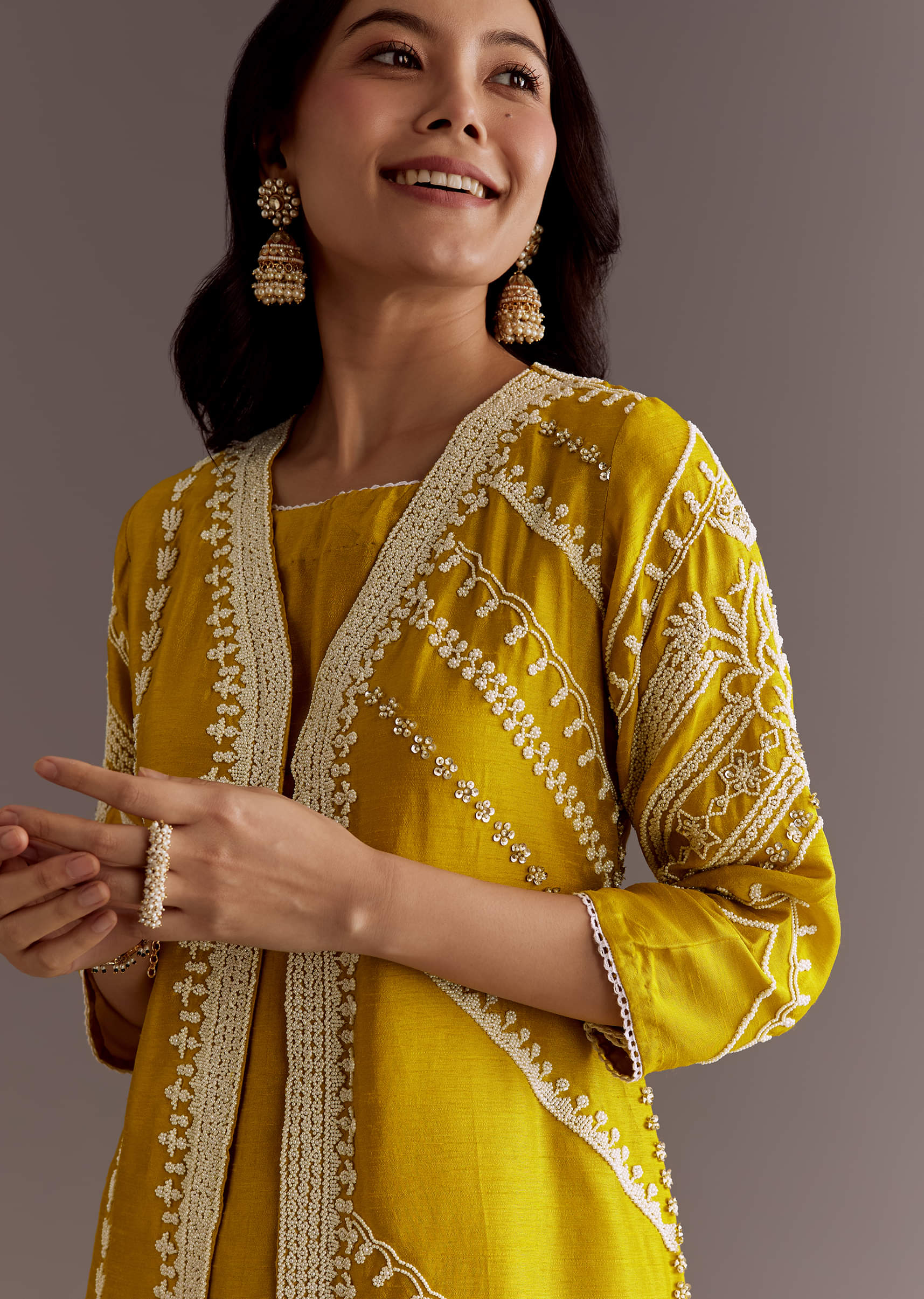 Yellow Silk Moti Sequin Embroidered Jacket Suit - Image 3