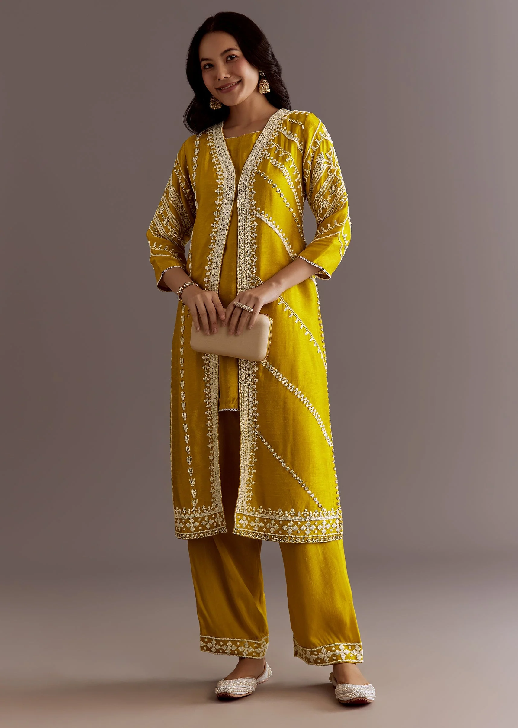 Yellow Silk Moti Sequin Embroidered Jacket Suit - Image 4