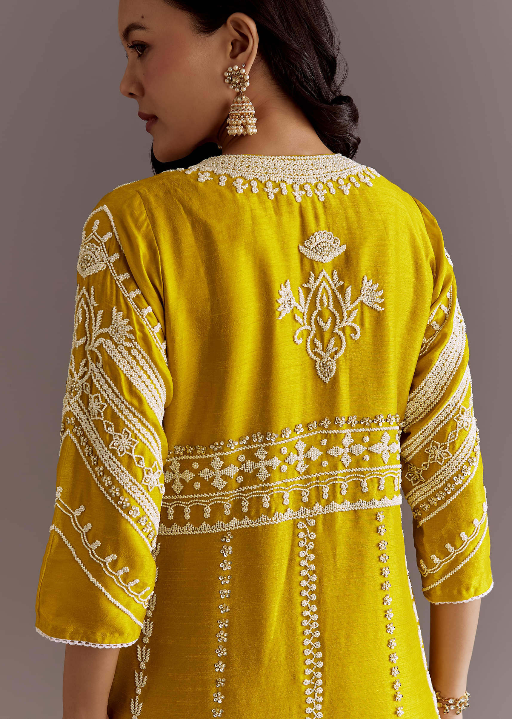 Yellow Silk Moti Sequin Embroidered Jacket Suit - Image 5