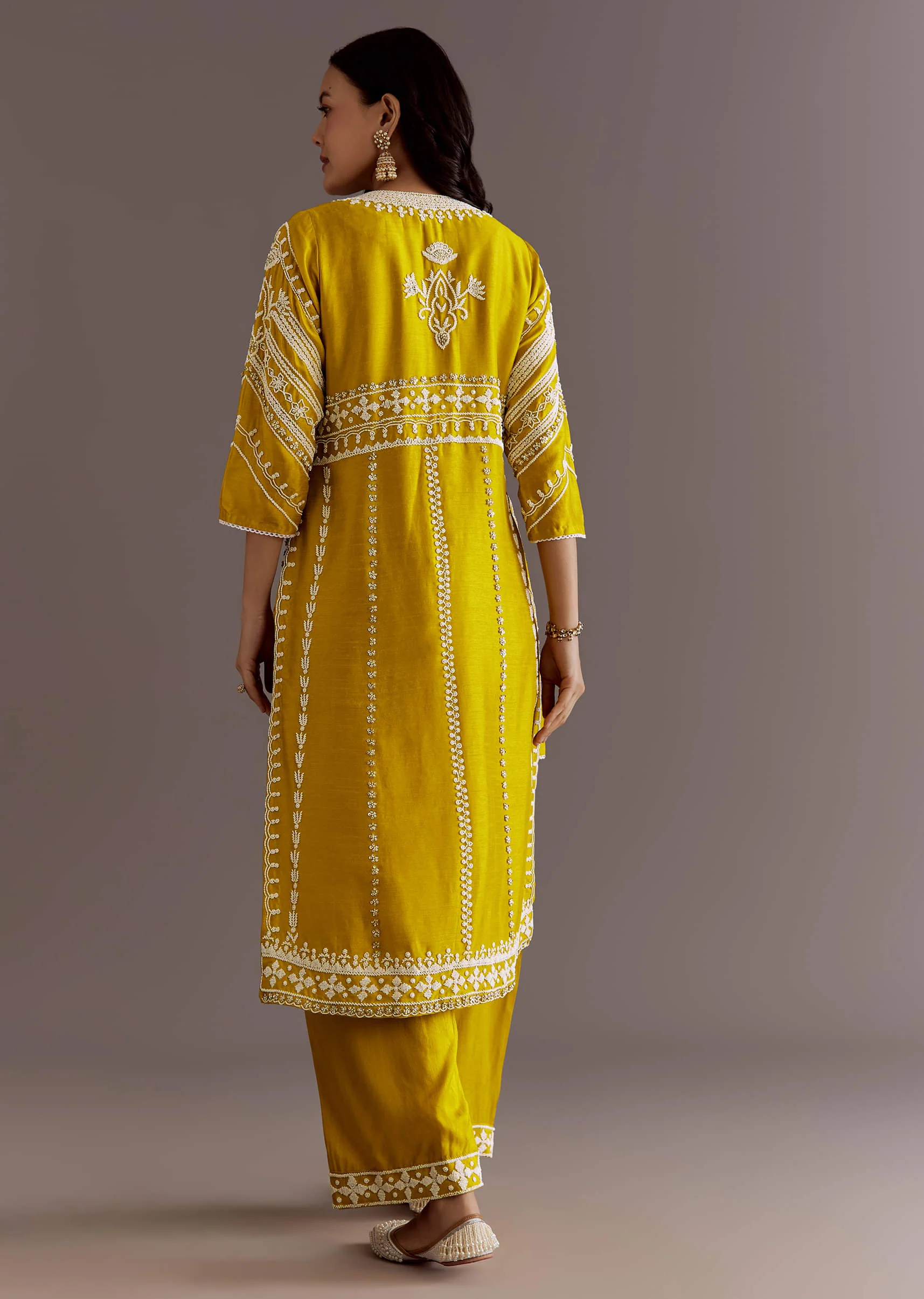 Yellow Silk Moti Sequin Embroidered Jacket Suit - Image 6