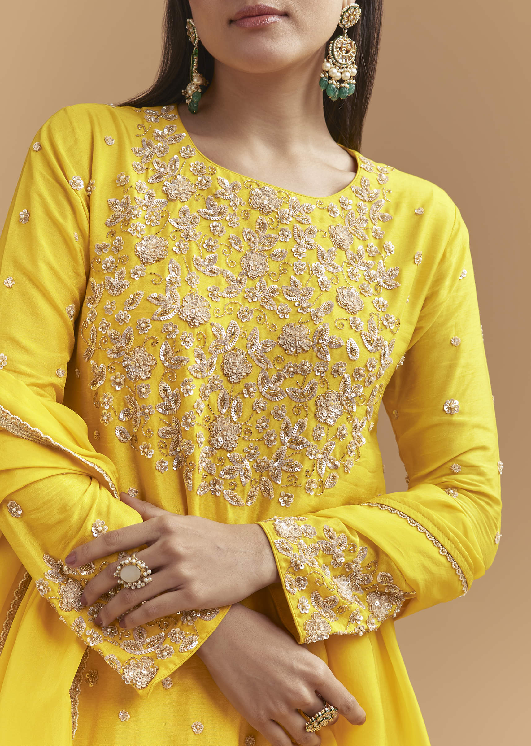 Yellow Silk Palazzo Suit With Sequins Work - Image 2