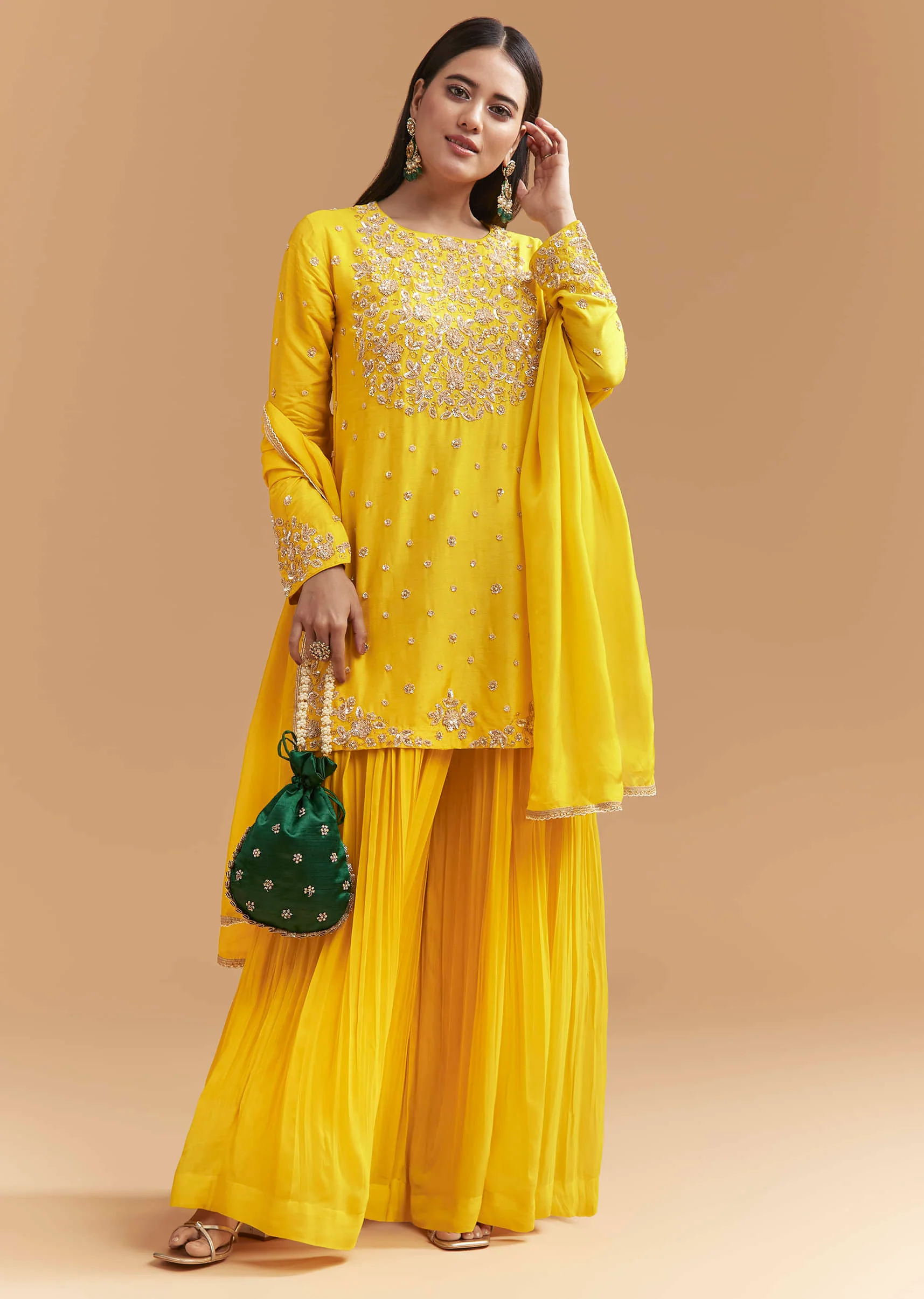Yellow Silk Palazzo Suit With Sequins Work - Image 3