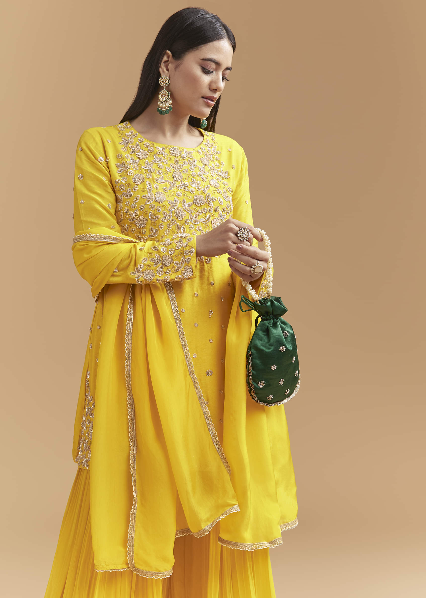 Yellow Silk Palazzo Suit With Sequins Work - Image 4