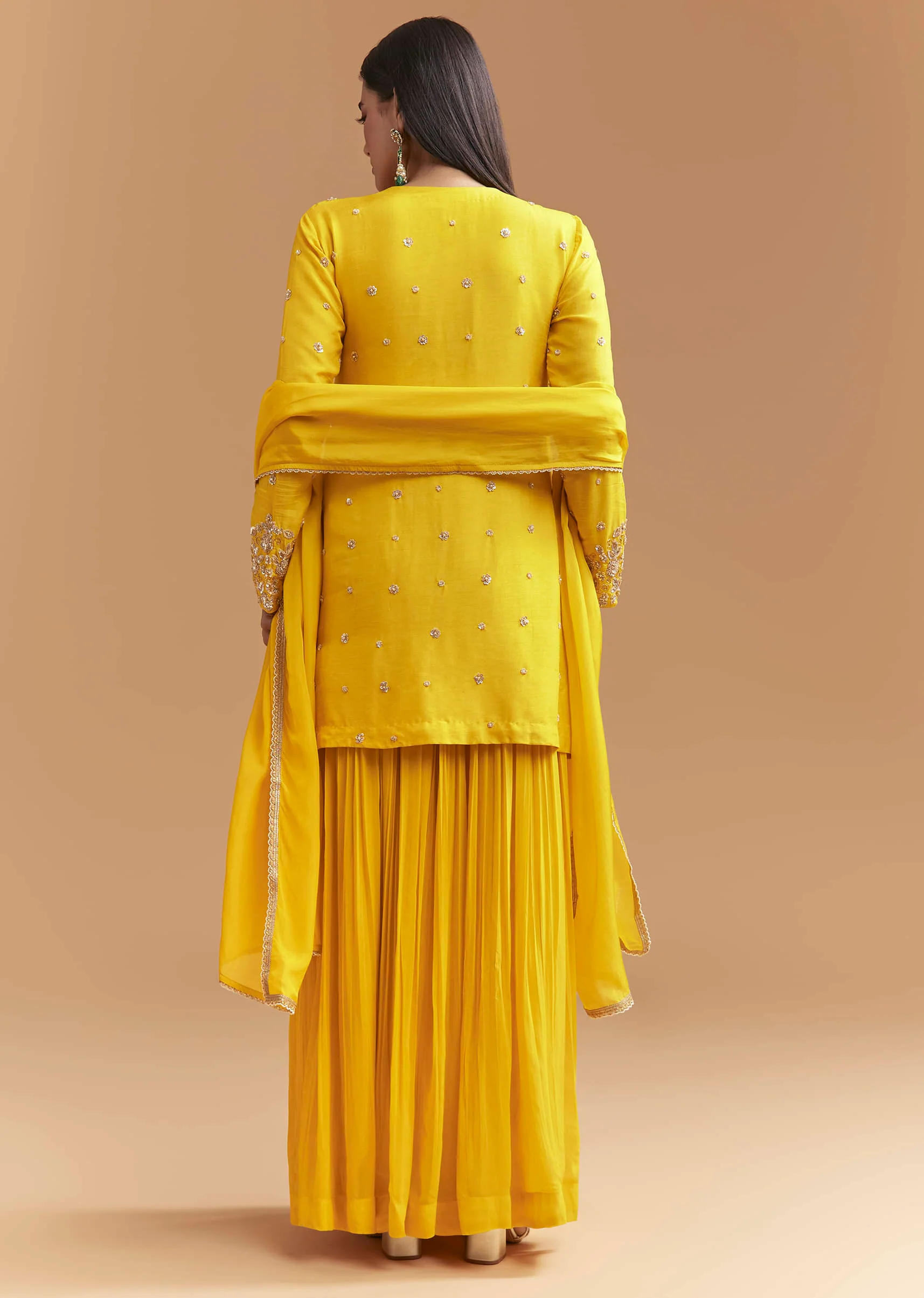 Yellow Silk Palazzo Suit With Sequins Work - Image 5