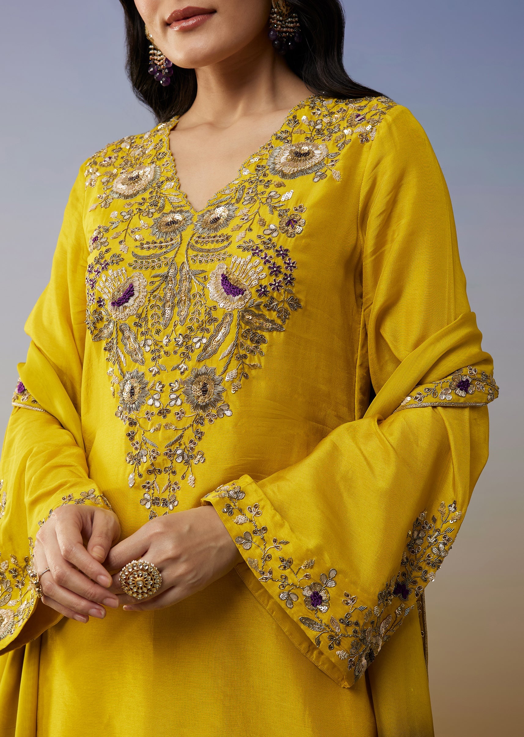 Yellow Silk Palazzo Suits with Zardosi Sequins Work - Image 2
