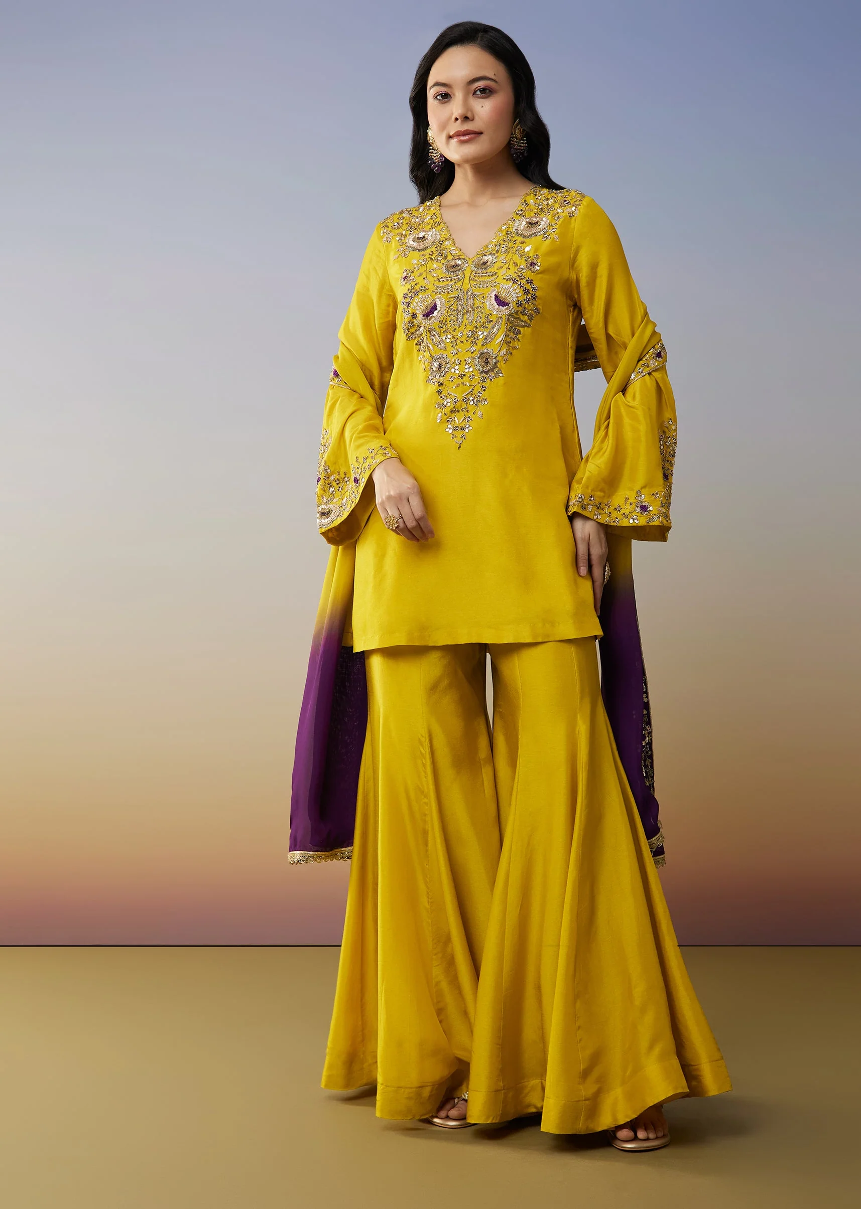 Yellow Silk Palazzo Suits with Zardosi Sequins Work - Image 3