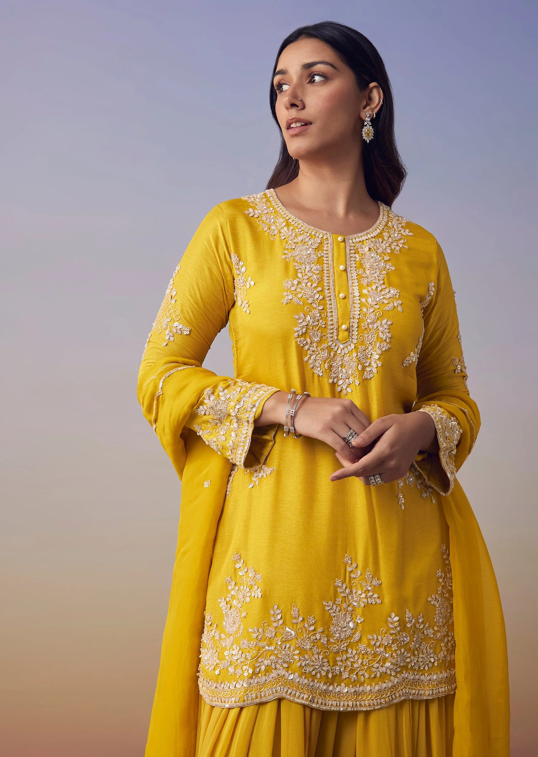 Yellow Silk Sequin Kurta and Palazzo Set - Image 2