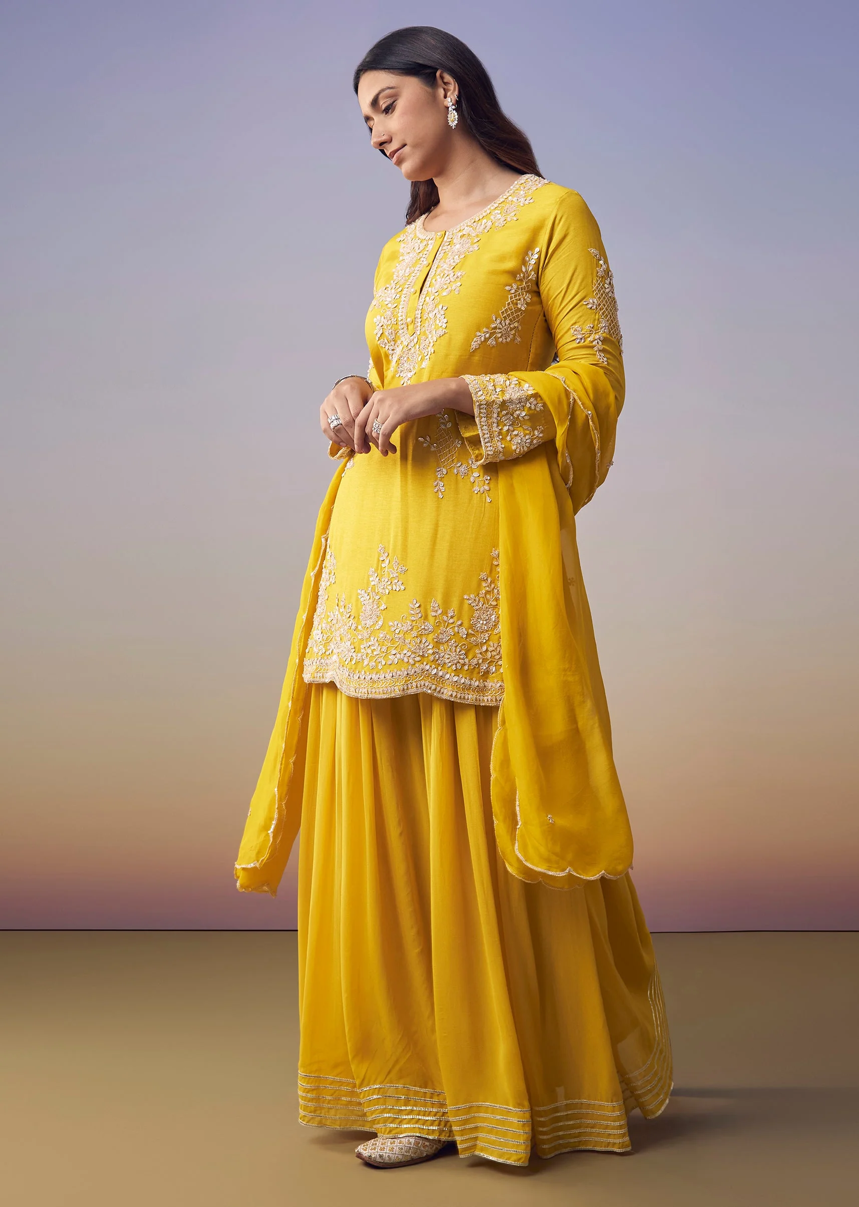 Yellow Silk Sequin Kurta and Palazzo Set - Image 3
