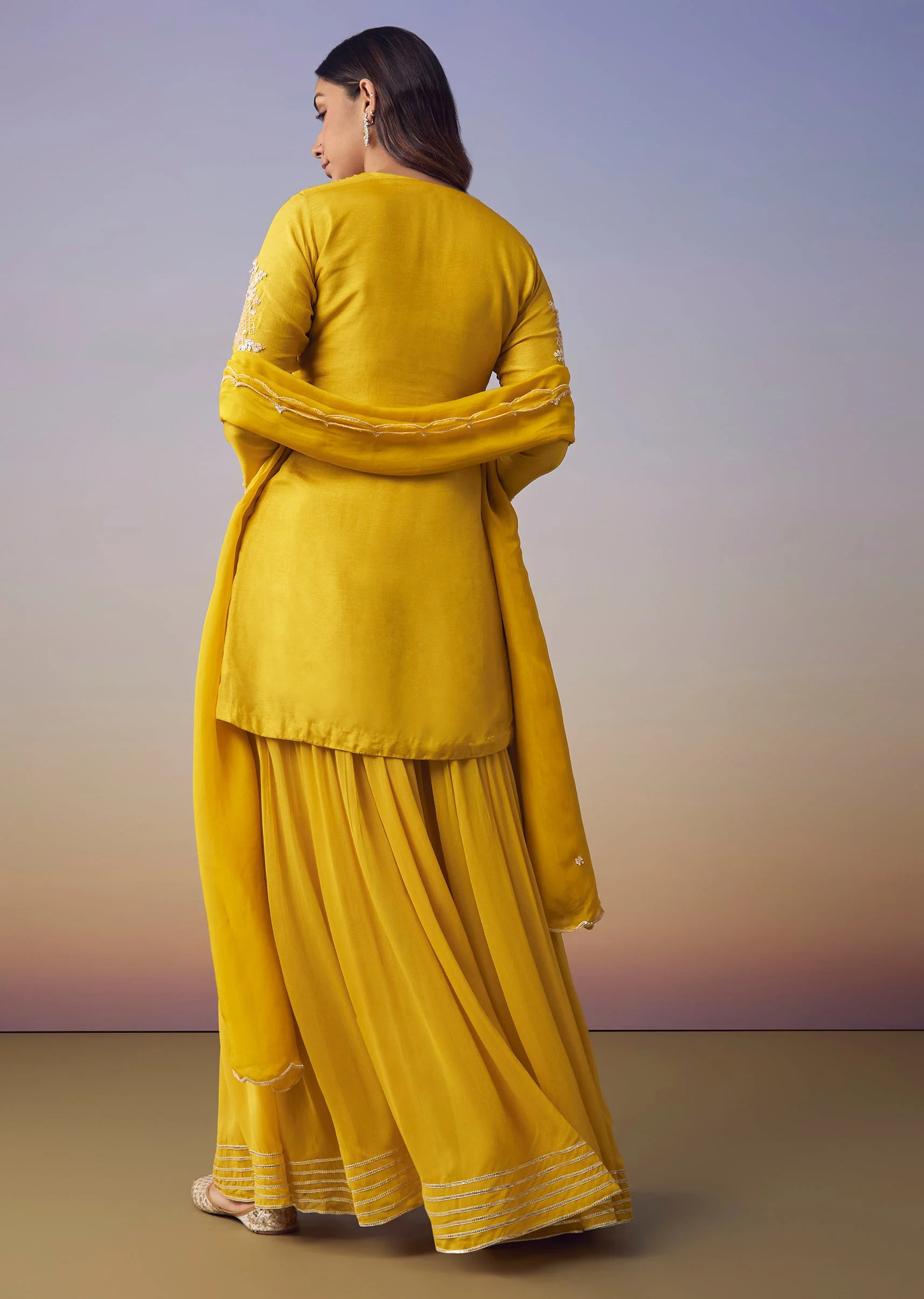 Yellow Silk Sequin Kurta and Palazzo Set - Image 5