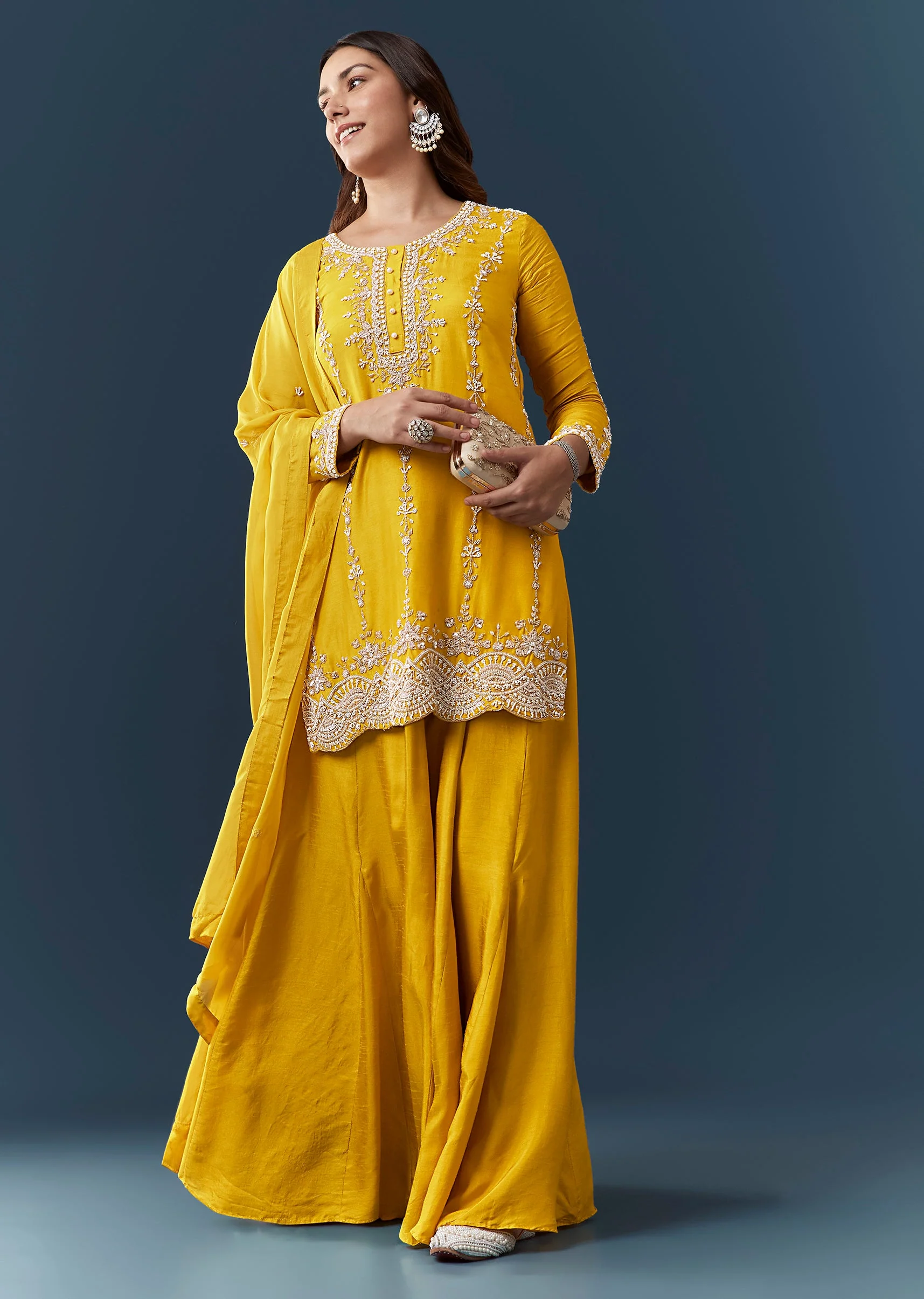Yellow Silk Sequin Work Kurta and Skirt Set - Image 3