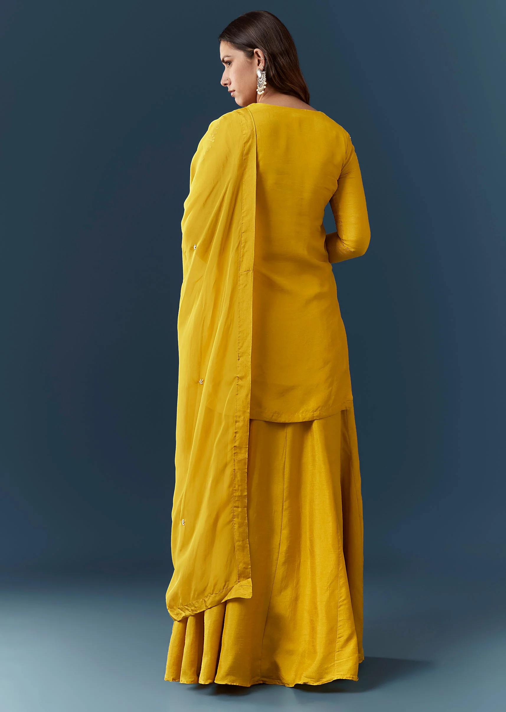 Yellow Silk Sequin Work Kurta and Skirt Set - Image 5