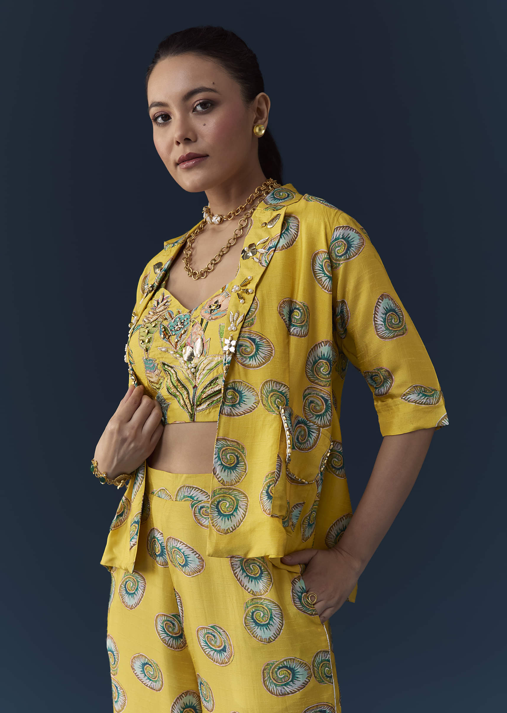 Yellow Silk Shell Print Crop Top Pant Set with Gotta Work - Image 4