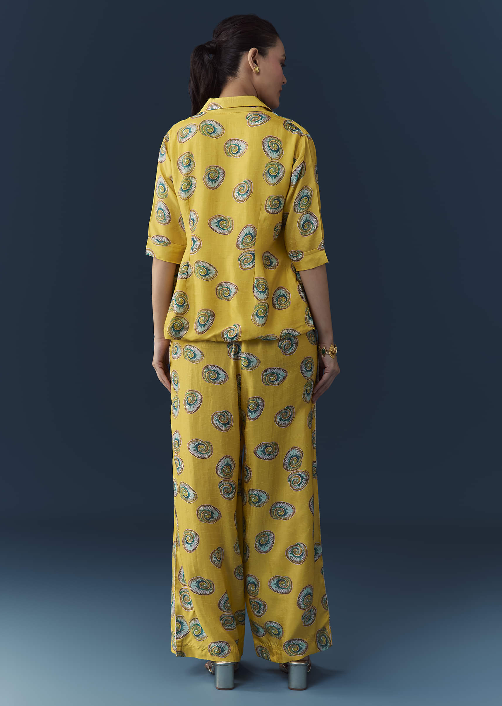 Yellow Silk Shell Print Crop Top Pant Set with Gotta Work - Image 5