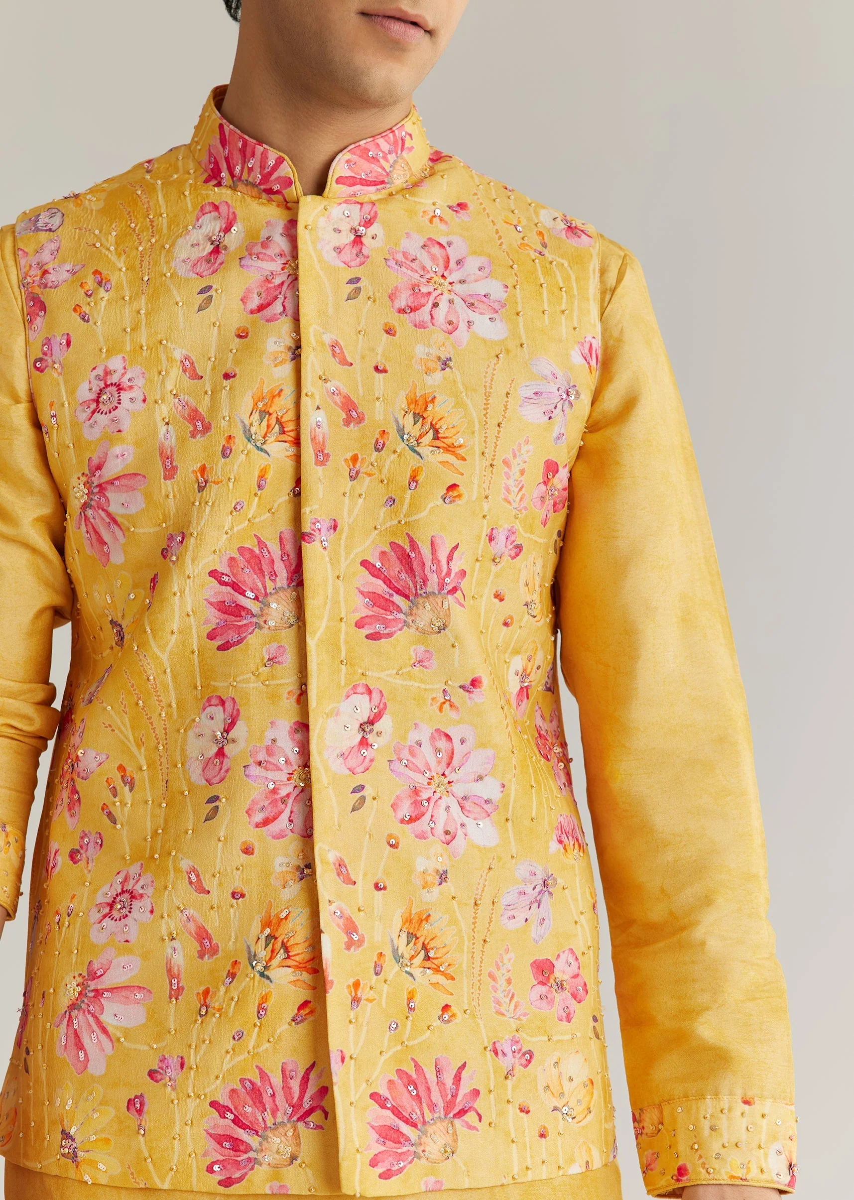 Yellow Silk Stone Sequins Cutdana Kurta Jacket Set - Image 3